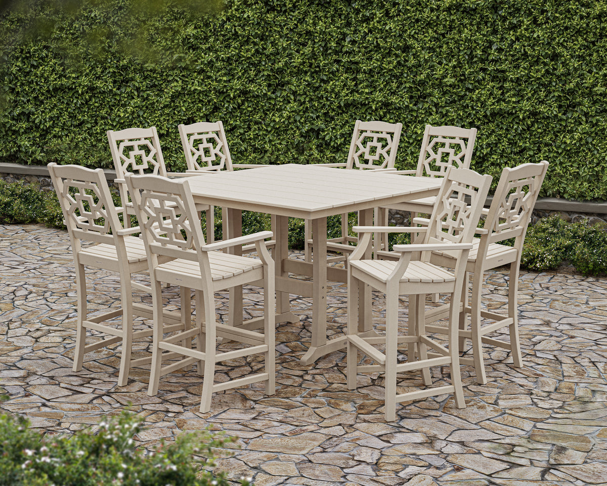 Chinoiserie 9-Piece Square Farmhouse Bar Set with Trestle Legs