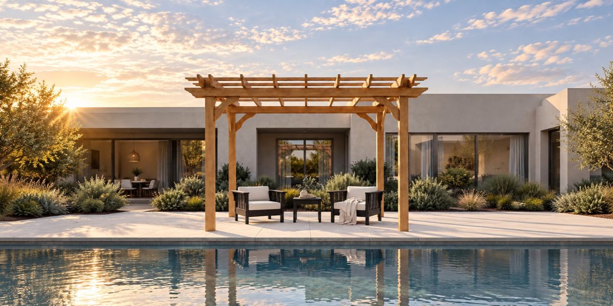 A tan POLYWOOD pergola stands over deep seating chairs on a poolside patio before a modern stucco house with shrubbery.