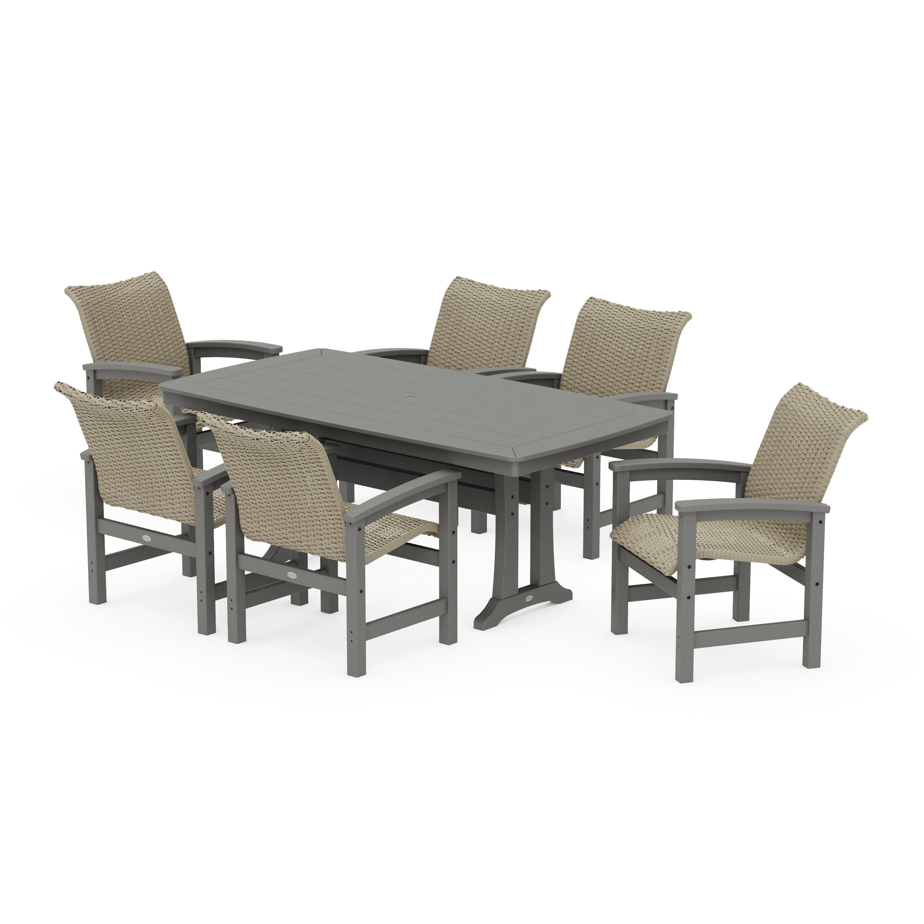 Coastal Woven Arm Chair 7-Piece Dining Set with Trestle Legs