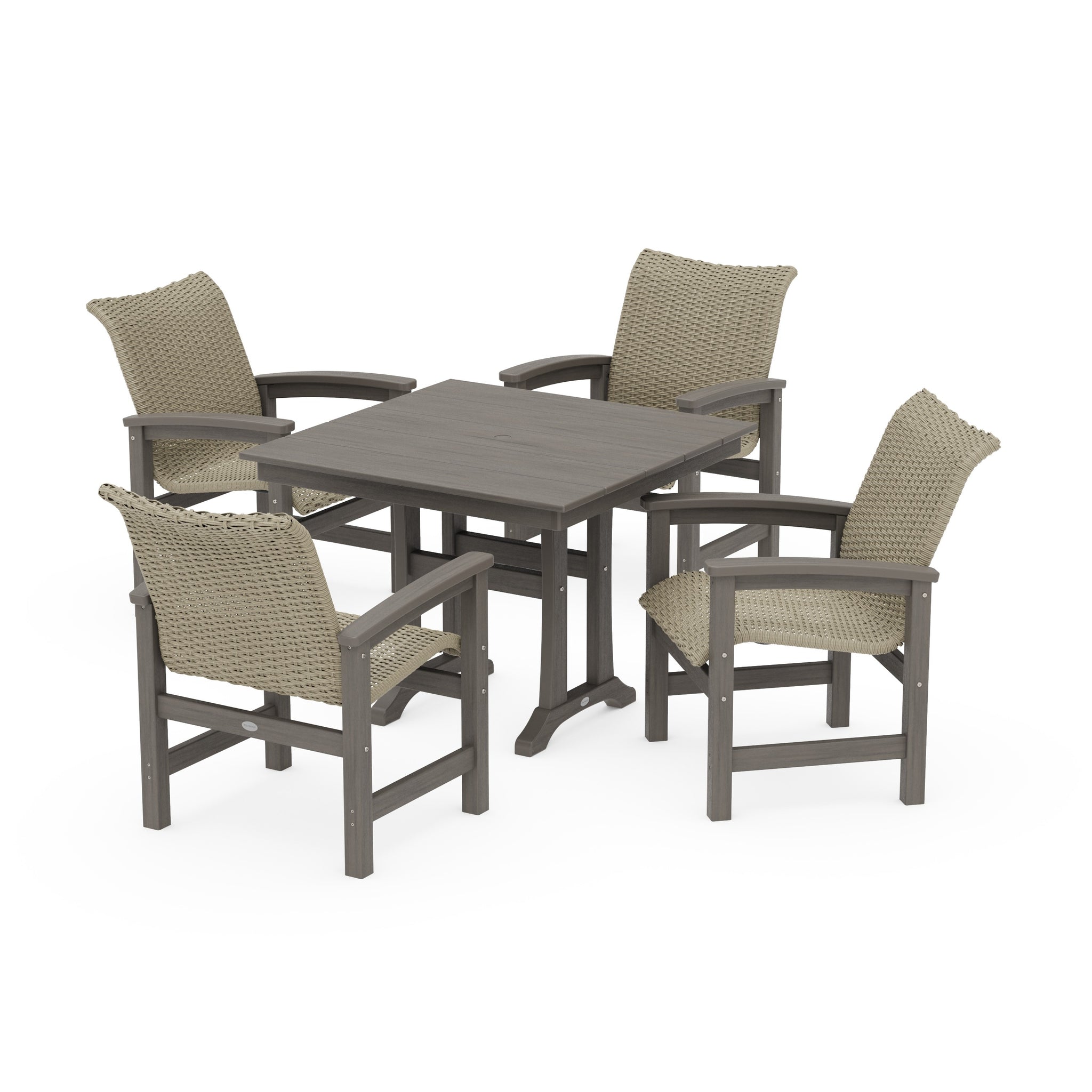 Coastal Woven 5-Piece Farmhouse Dining Set with Trestle Legs