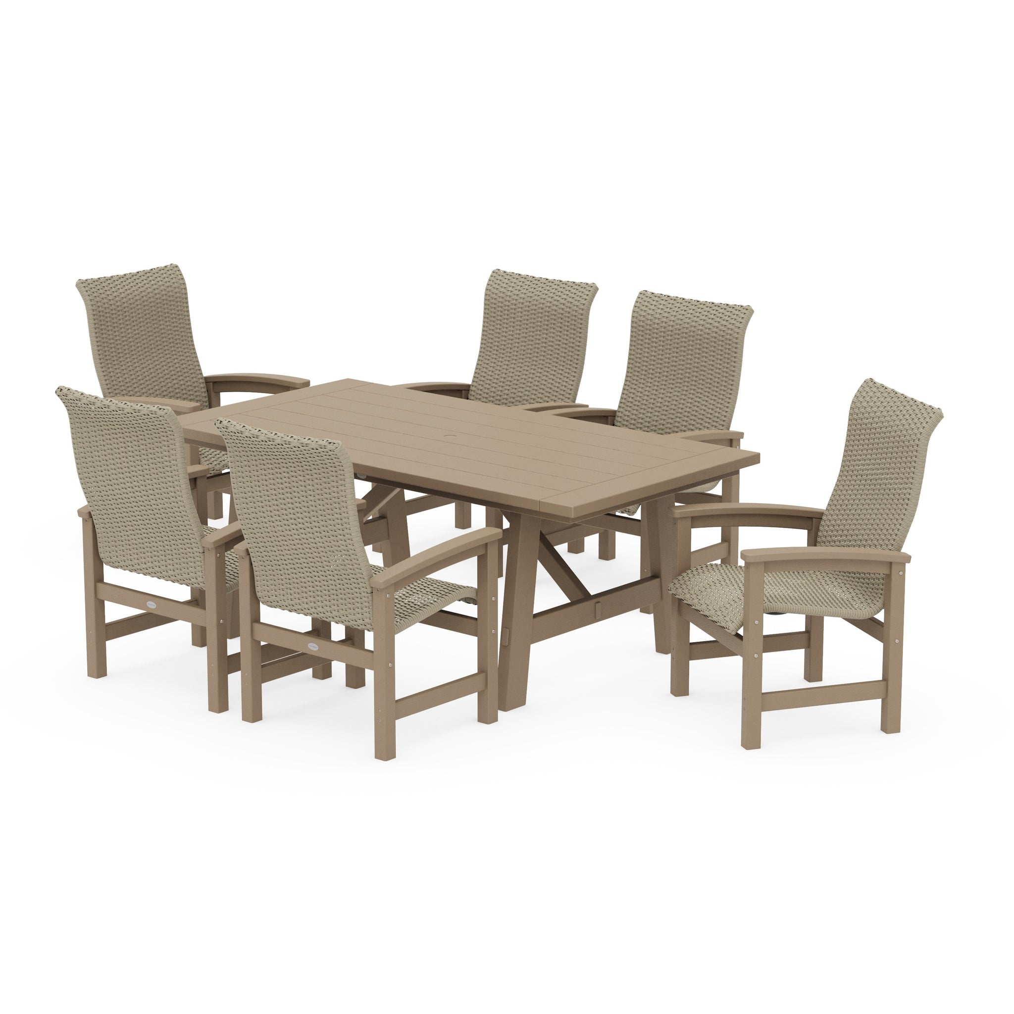Coastal Woven High-Back Arm Chair 7-Piece Rustic Farmhouse Dining Set