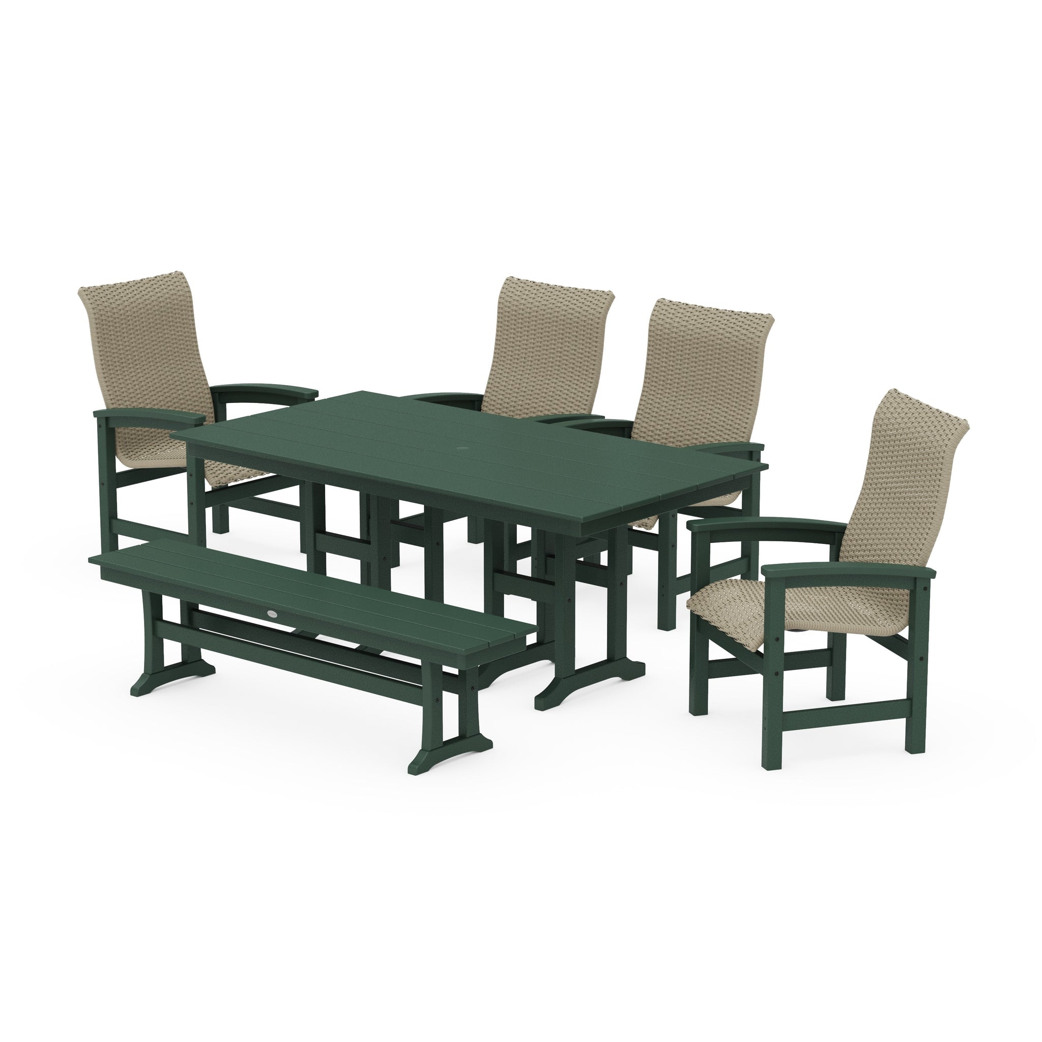 Coastal Woven High-Back 6-Piece Farmhouse Dining Set with Bench