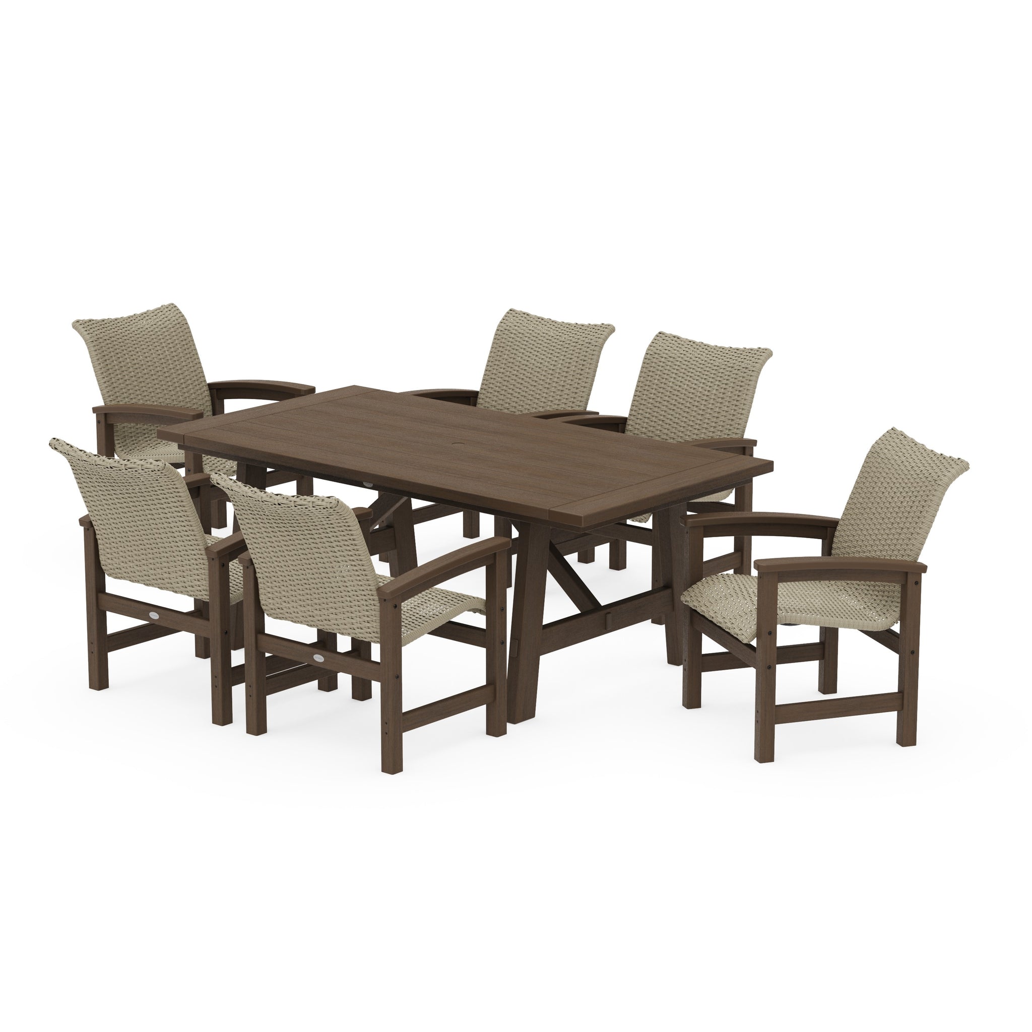 Coastal Woven Arm Chair 7-Piece Rustic Farmhouse Dining Set