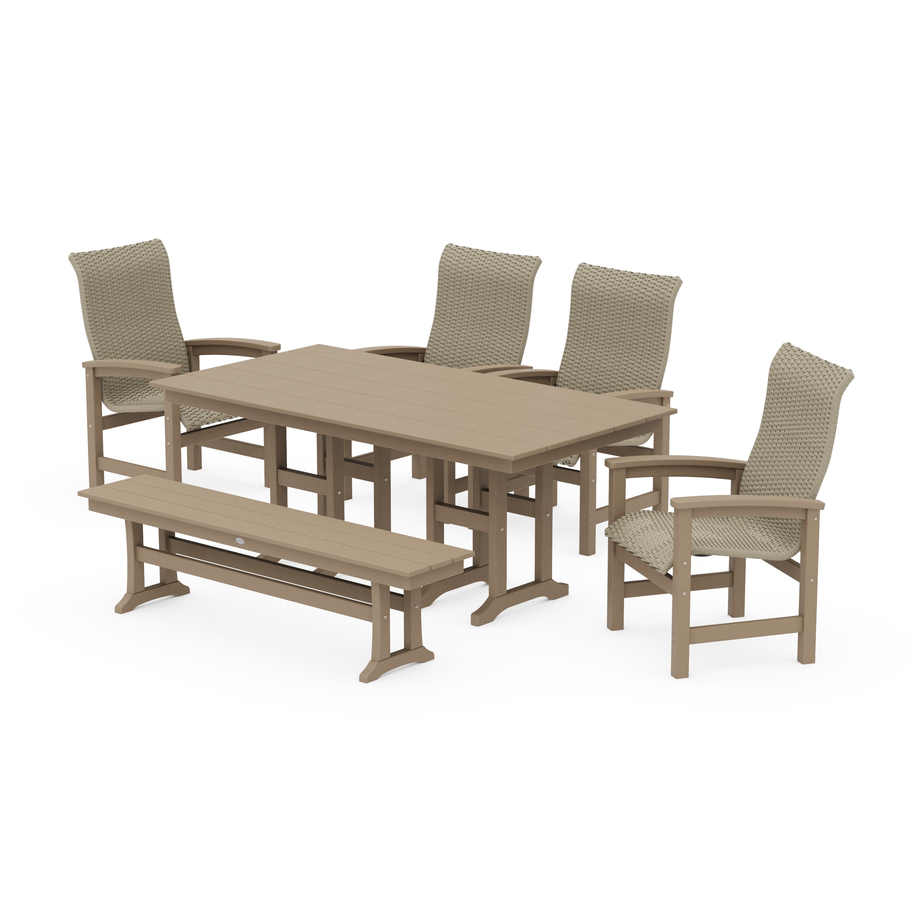 Coastal Woven High-Back 6-Piece Farmhouse Dining Set with Bench