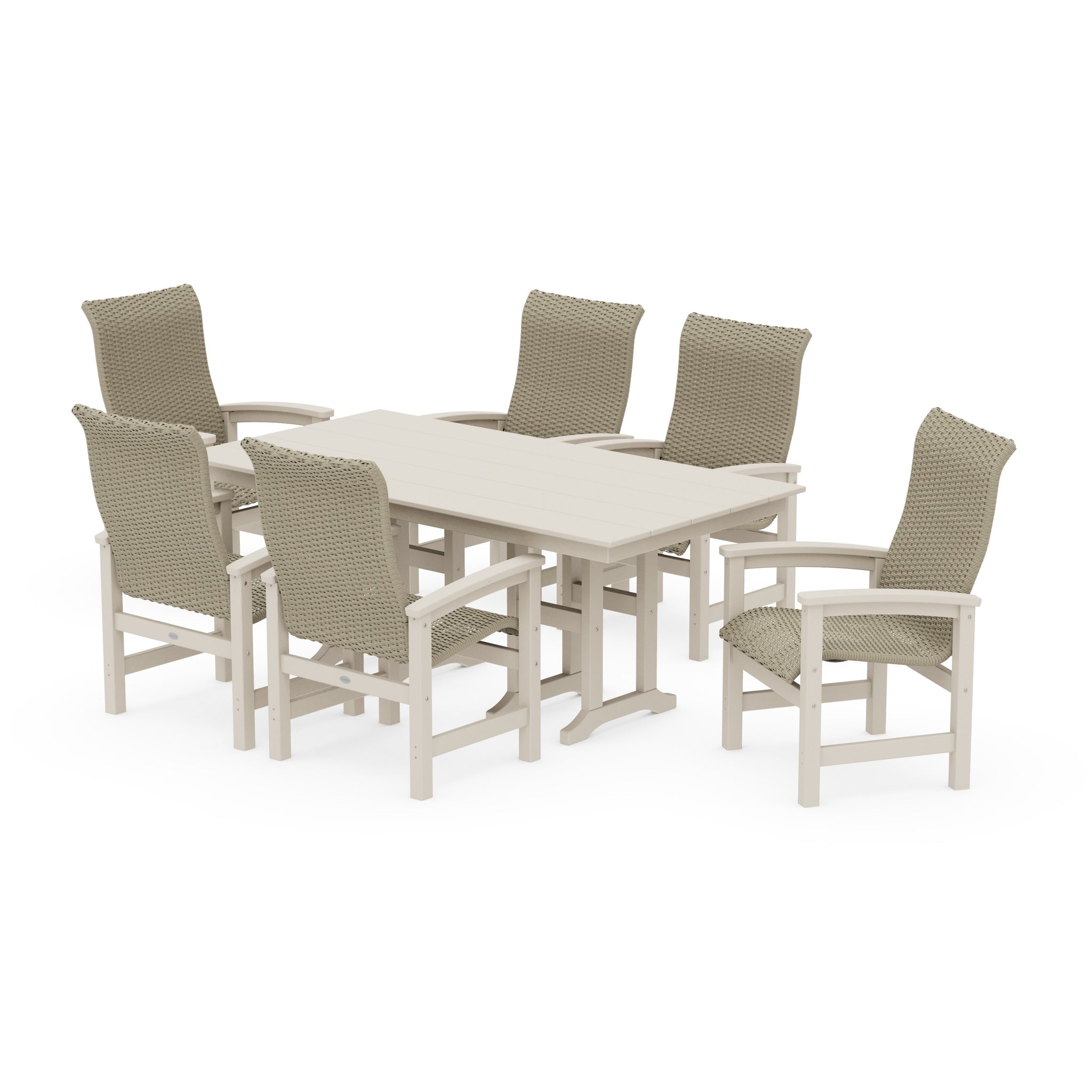 Coastal Woven High-Back Arm Chair 7-Piece Farmhouse Dining Set