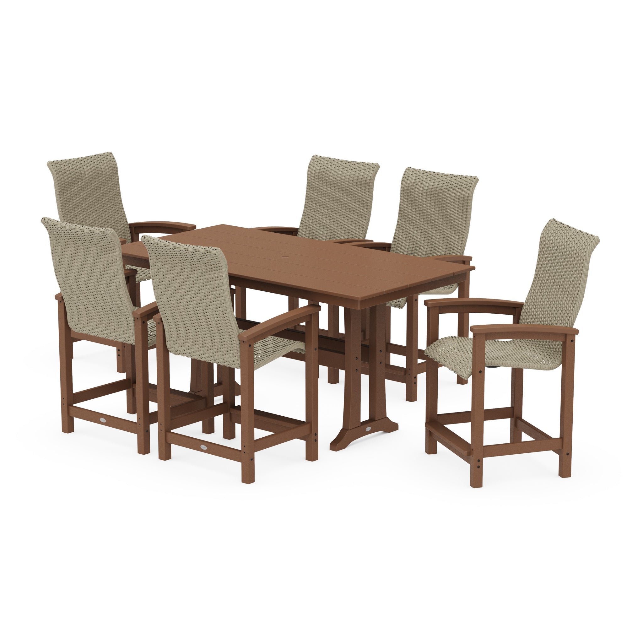 Coastal Woven High-Back Arm Chair 7-Piece Farmhouse Counter Set with Trestle Legs