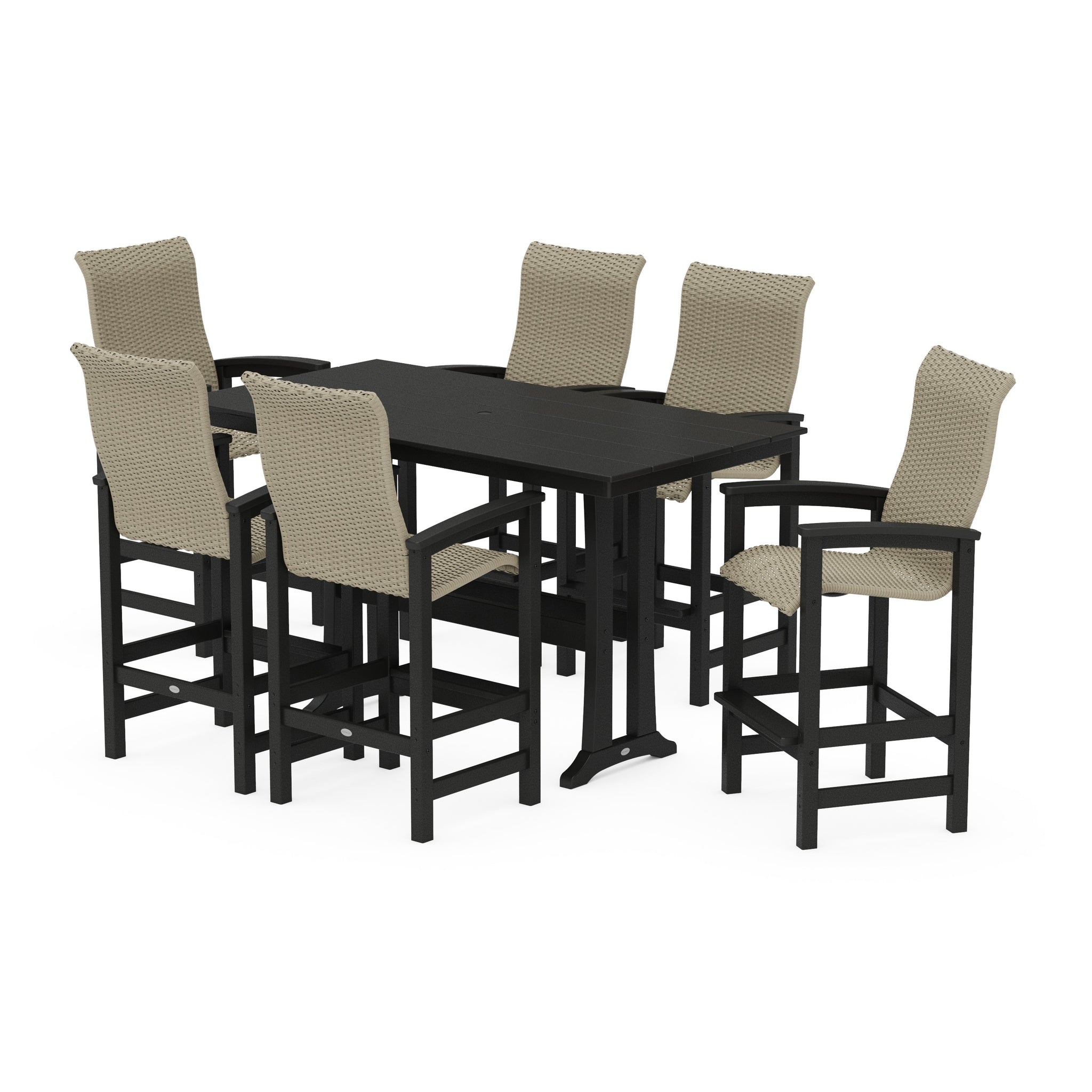 Coastal Woven High-Back Arm Chair 7-Piece Farmhouse Bar Set with Trestle Legs
