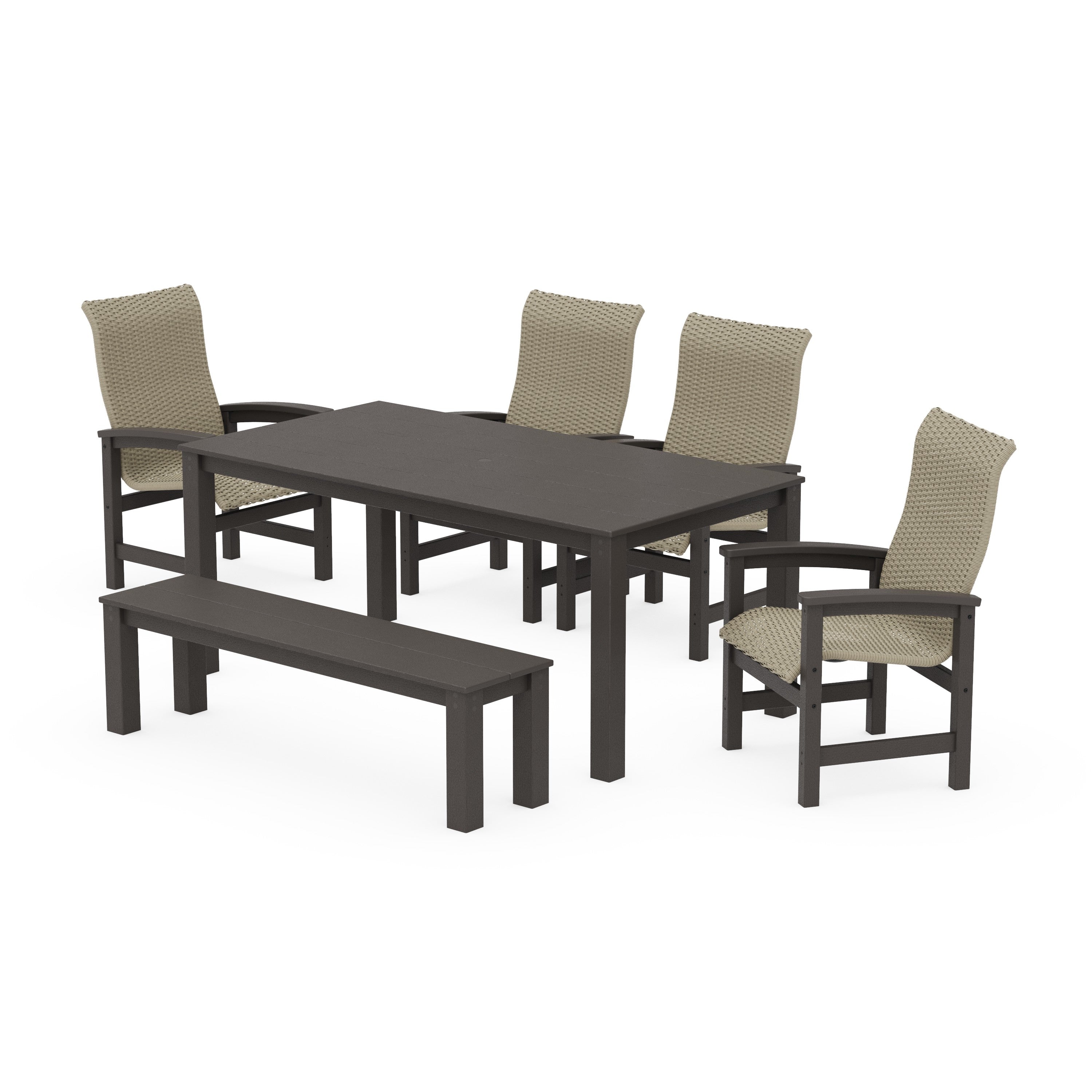 Coastal Woven High-Back 6-Piece Parsons Dining Set with Bench