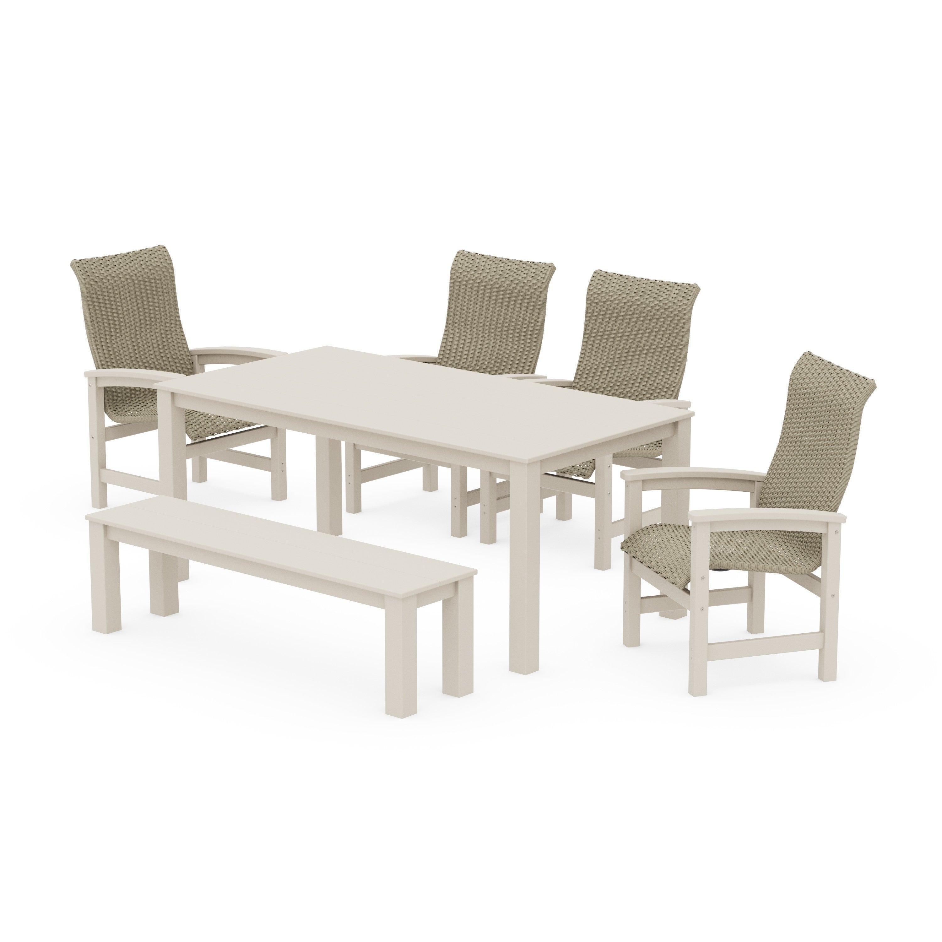 Coastal Woven High-Back 6-Piece Parsons Dining Set with Bench