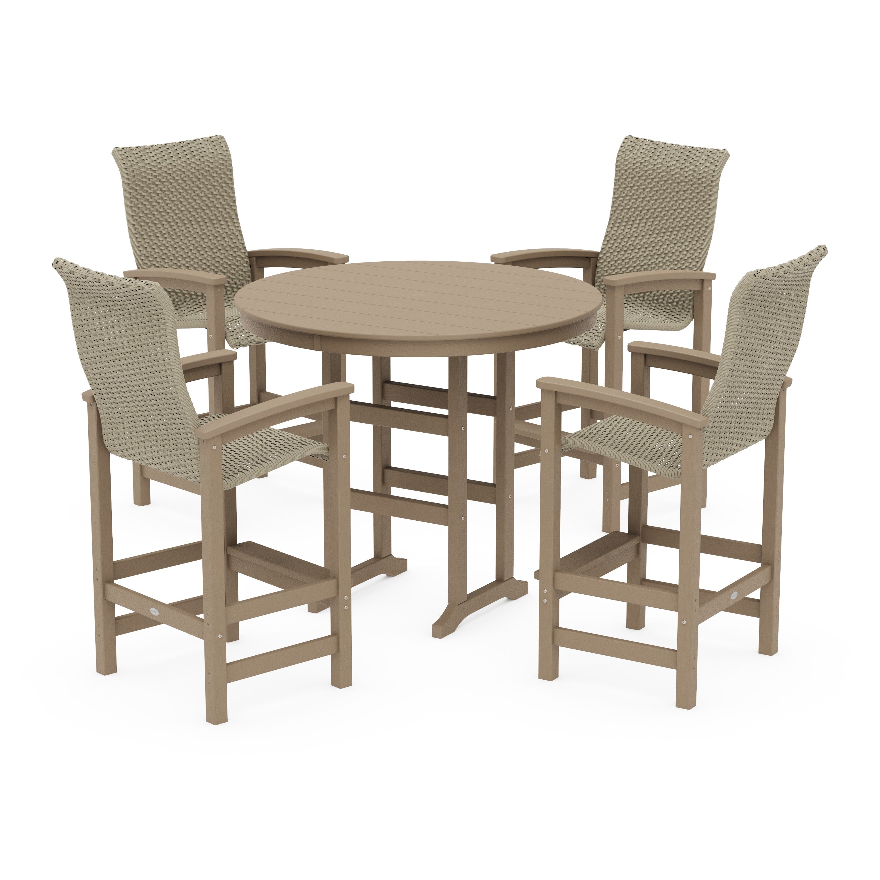 Coastal Woven High-Back 5-Piece Round Farmhouse Bar Set