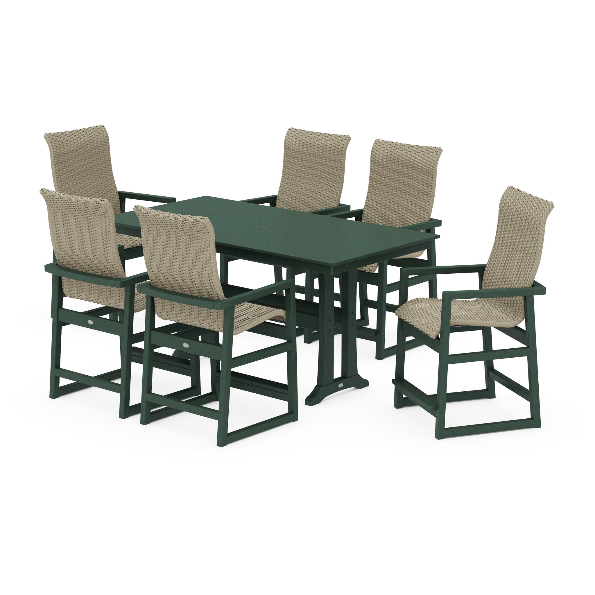 EDGE Woven Highback Arm Chair 7-Piece Farmhouse Counter Set with Trestle Legs