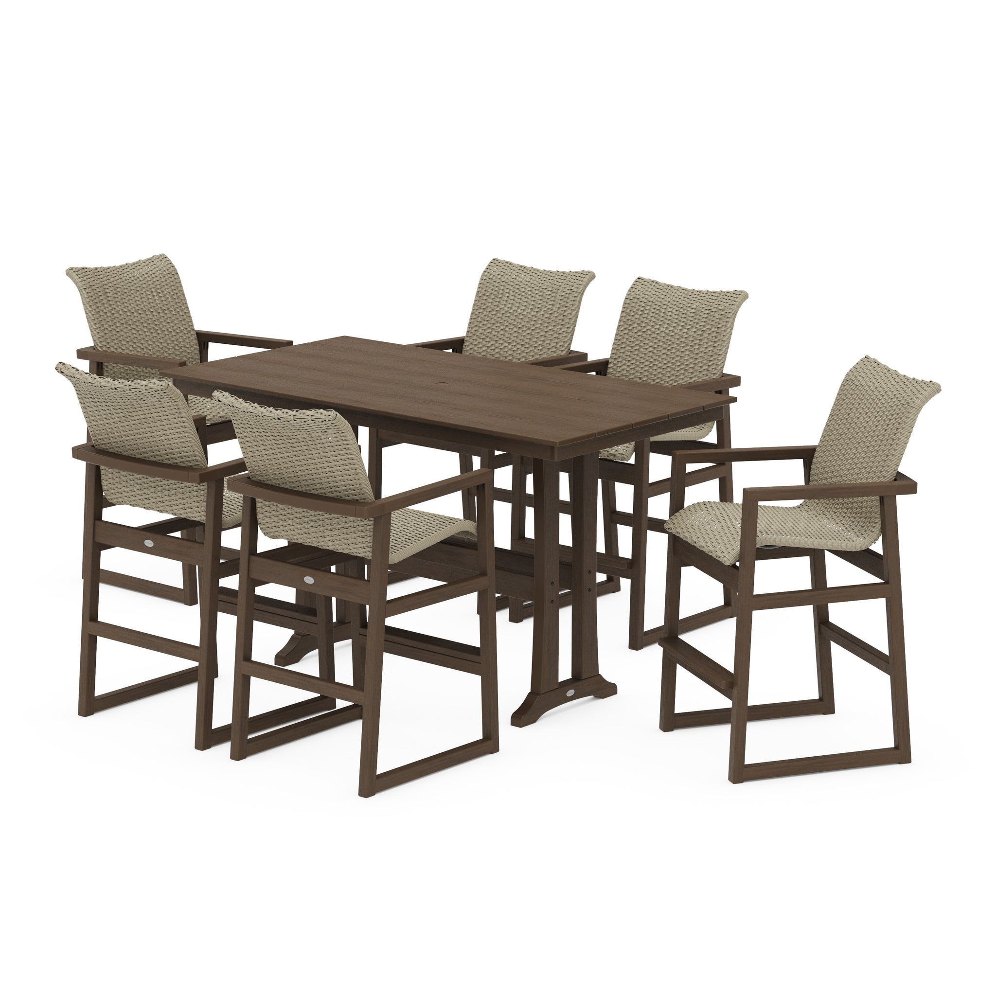EDGE Woven Arm Chair 7-Piece Farmhouse Bar Set with Trestle Legs