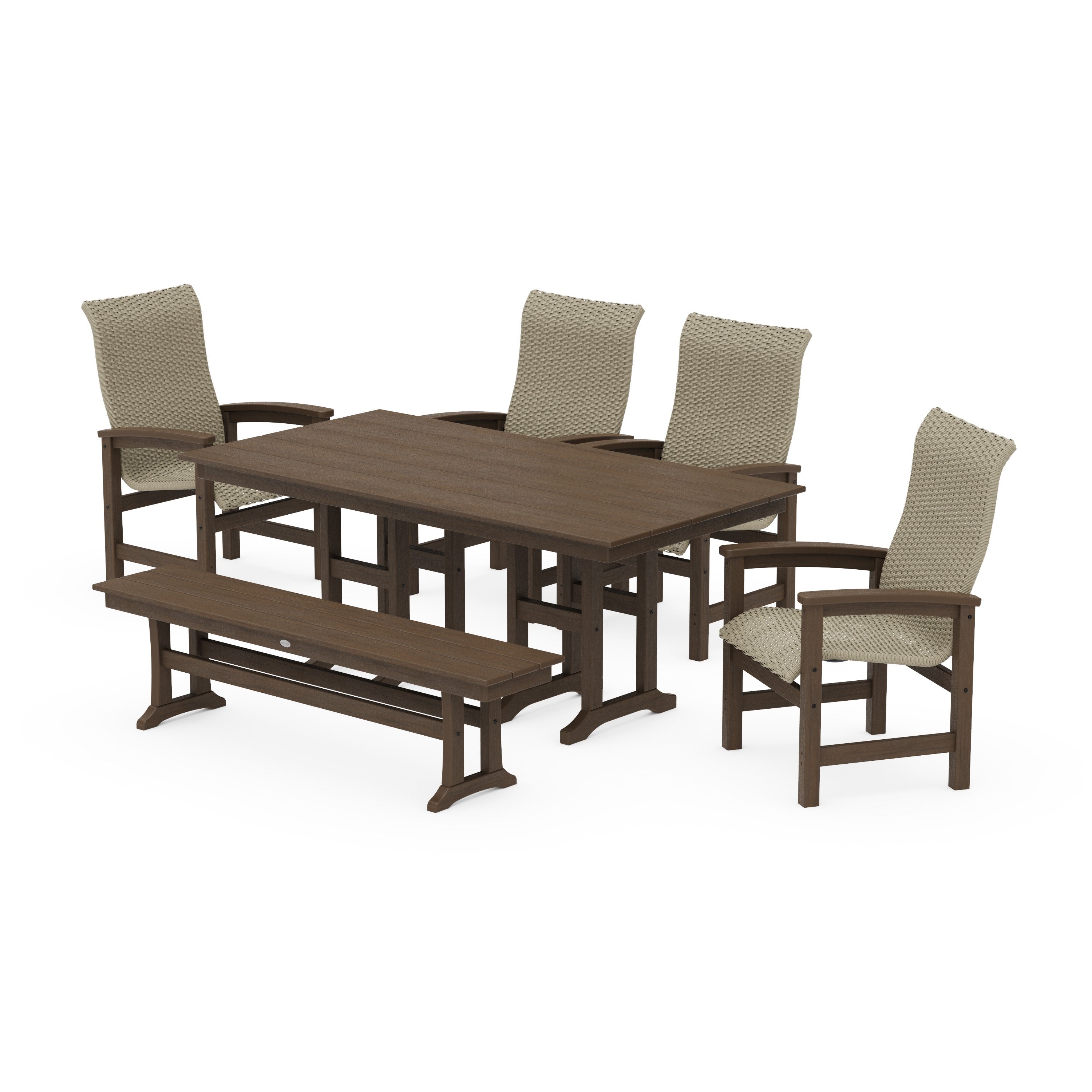 Coastal Woven High-Back 6-Piece Farmhouse Dining Set with Bench