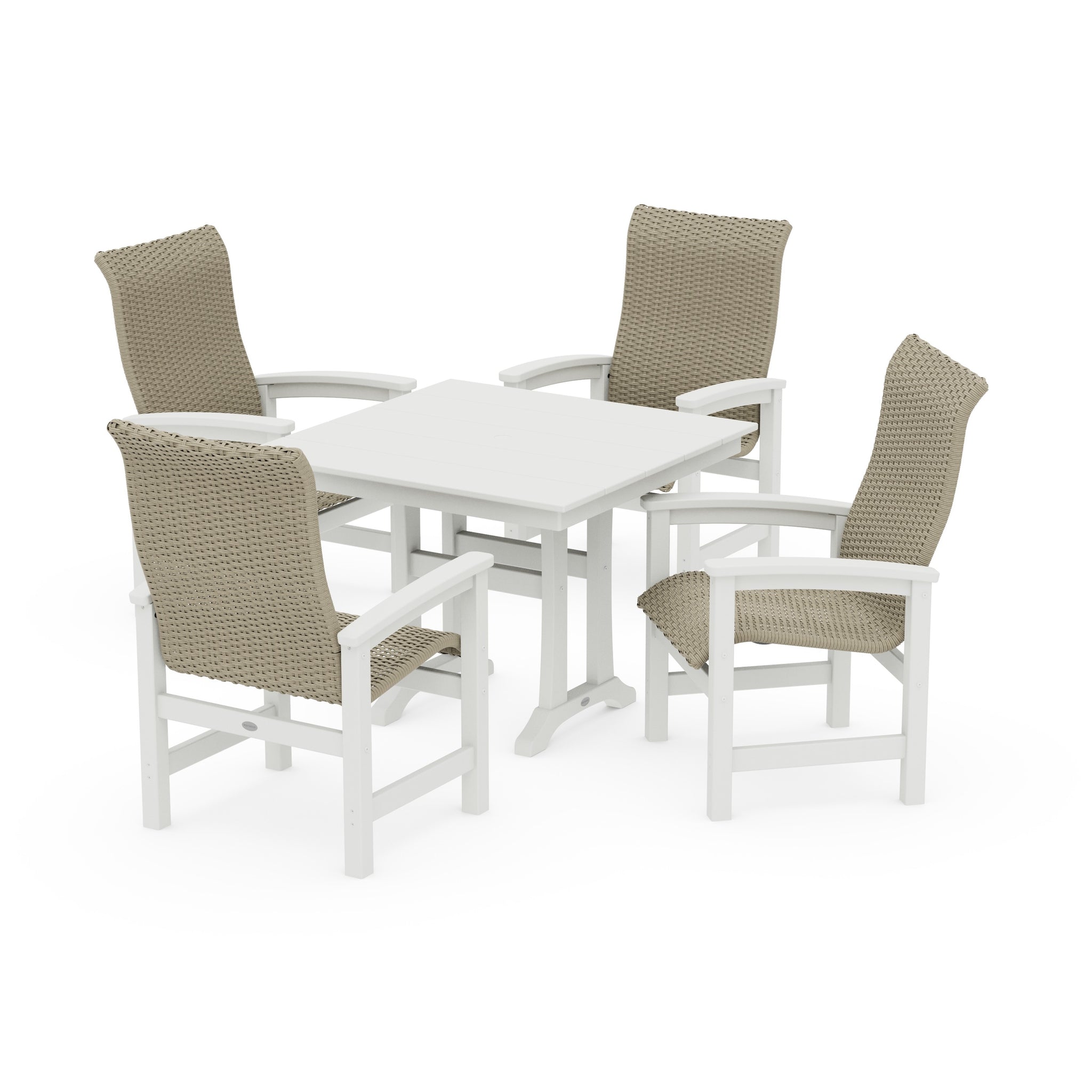 Coastal Woven High-Back 5-Piece Farmhouse Dining Set with Trestle Legs