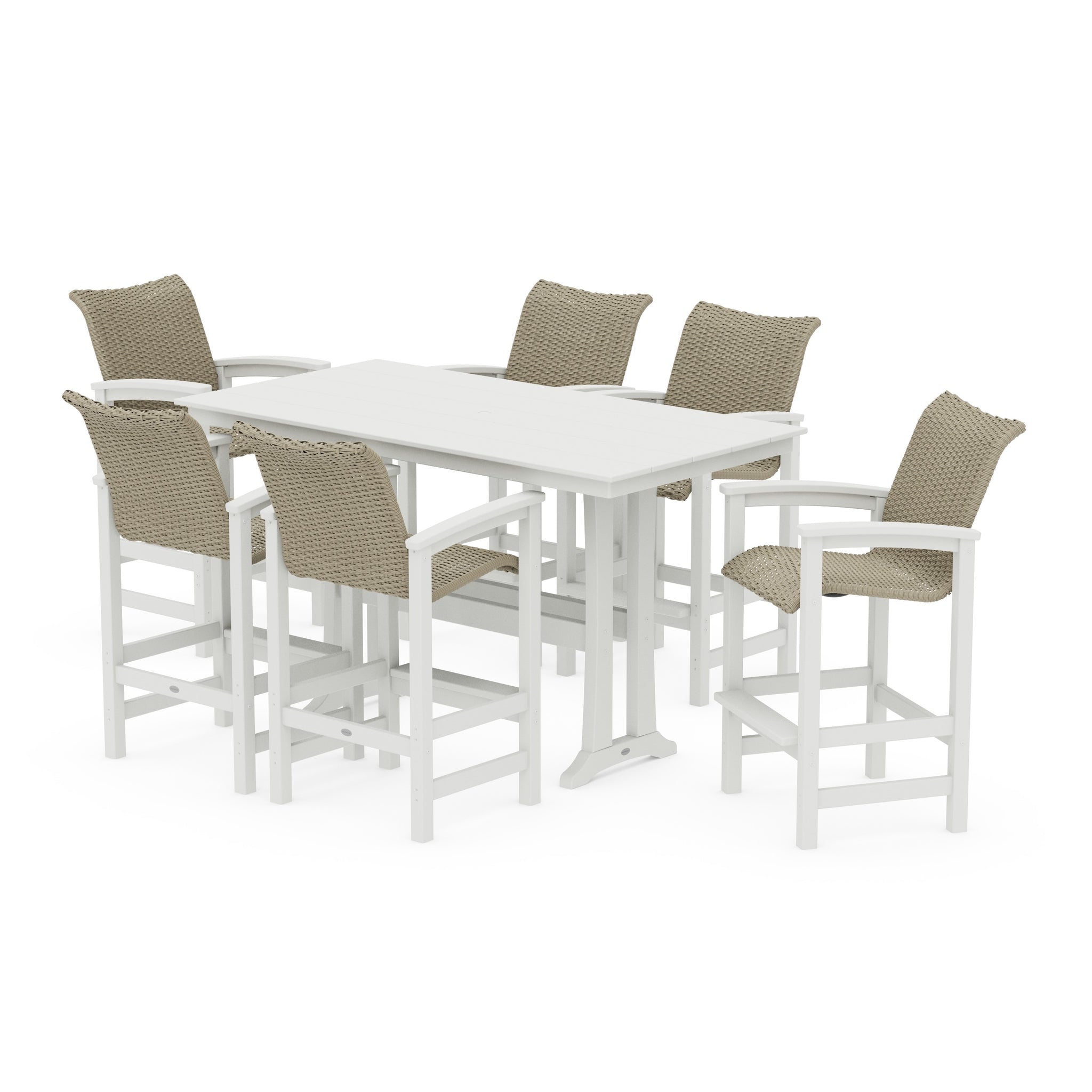 Coastal Woven Arm Chair 7-Piece Farmhouse Bar Set with Trestle Legs