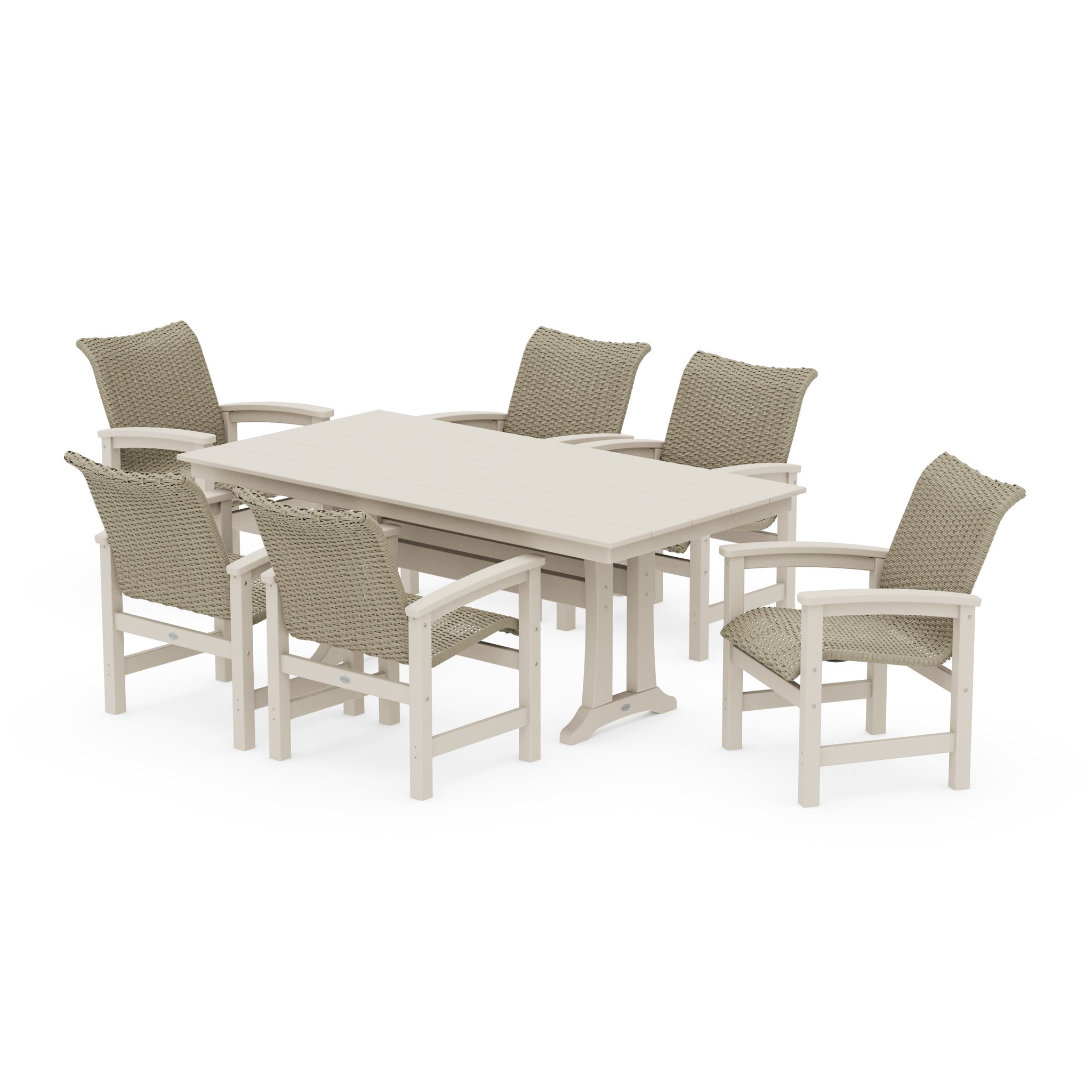 Coastal Woven Arm Chair 7-Piece Farmhouse Dining Set with Trestle Legs