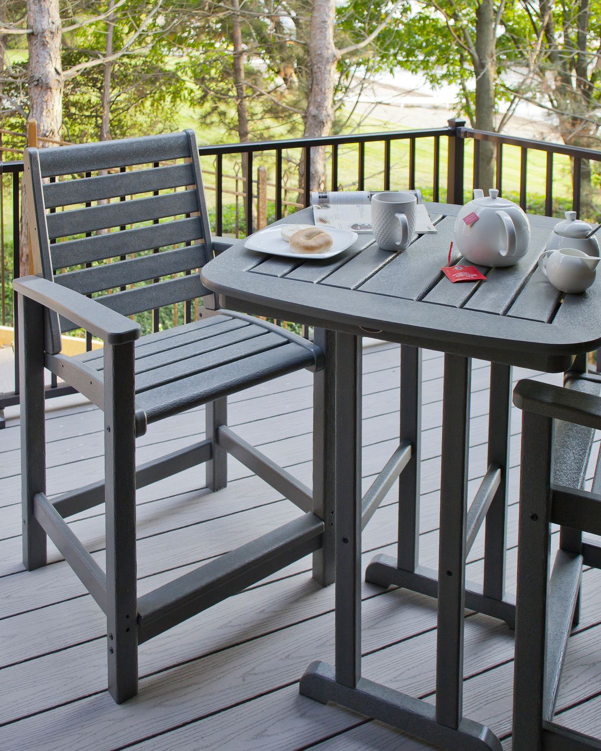 bar stool polywood high top table and chairs POLYWOOD Signature 3-Piece Bar Set in Black Outdoor Furniture