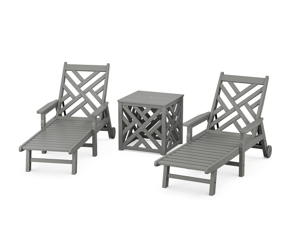 3 pc patio set with umbrella POLYWOOD Chippendale 3-Piece Chaise Lounge Chair Set with Umbrella Stand Accent Table in Sand