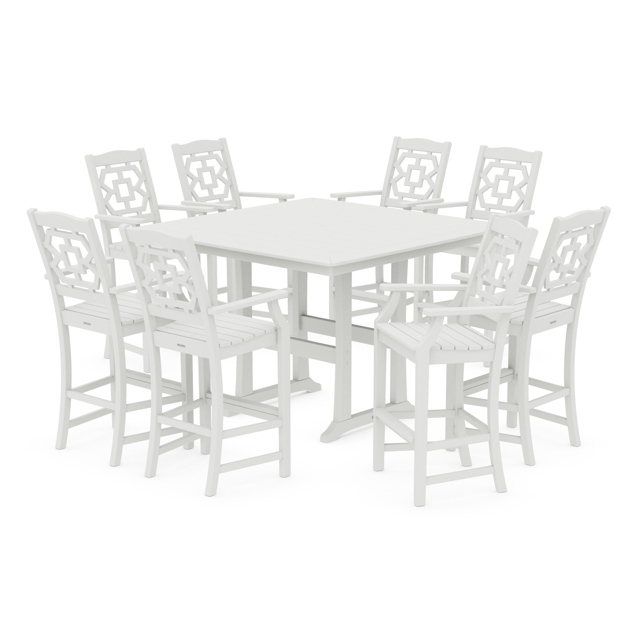 Chinoiserie 9-Piece Square Side Chair Bar Set with Trestle Legs