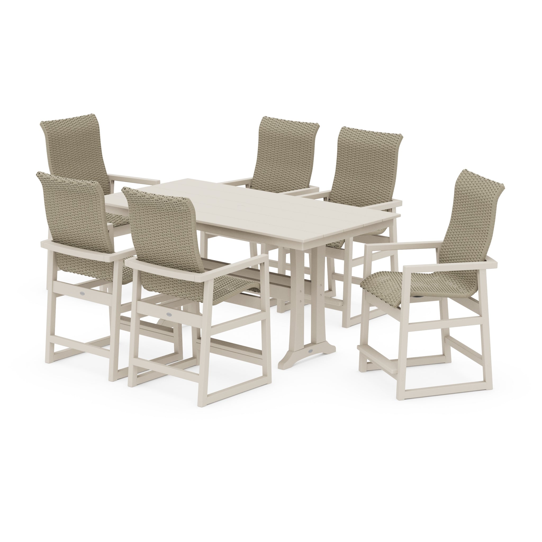 EDGE Woven Highback Arm Chair 7-Piece Farmhouse Counter Set with Trestle Legs