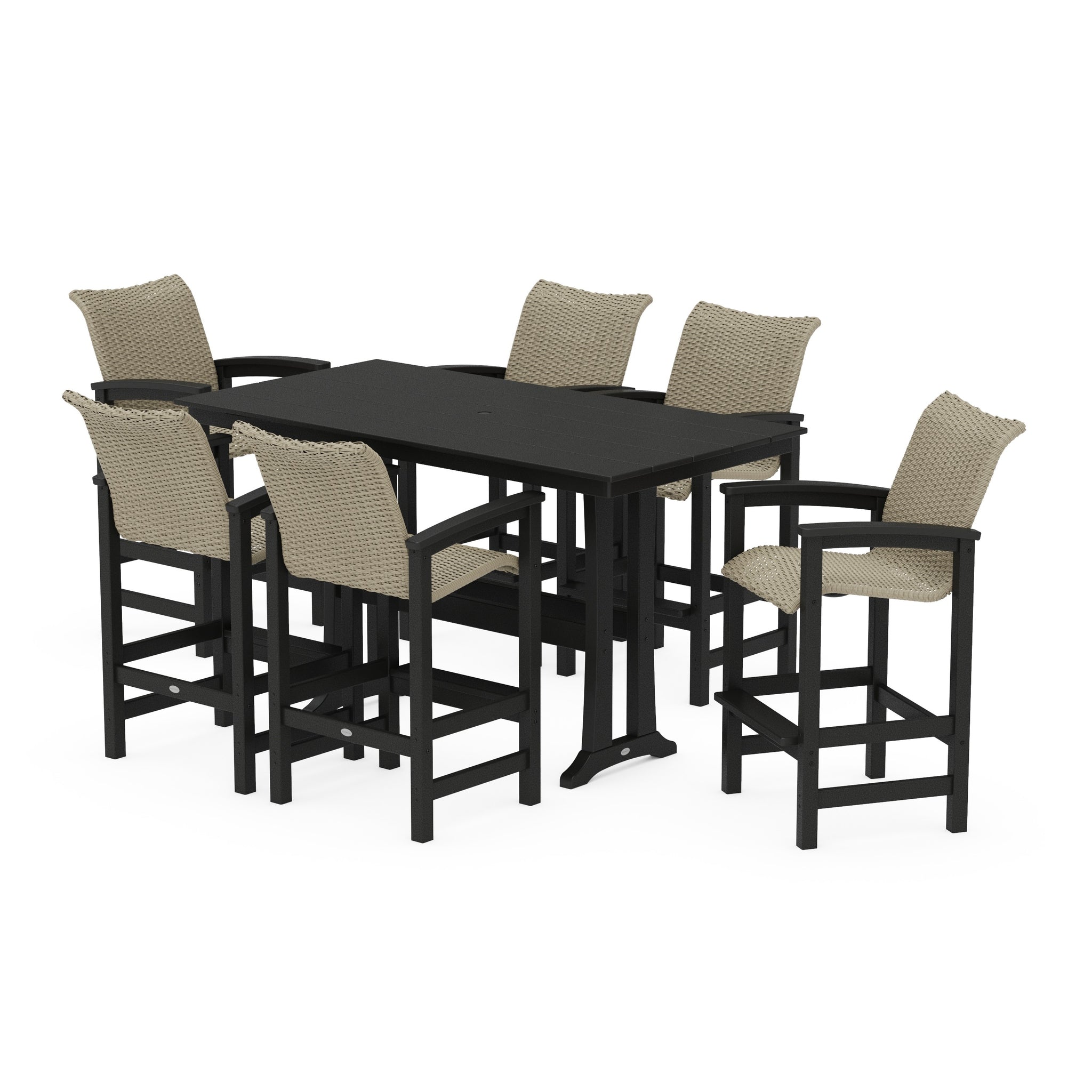 Coastal Woven Arm Chair 7-Piece Farmhouse Bar Set with Trestle Legs