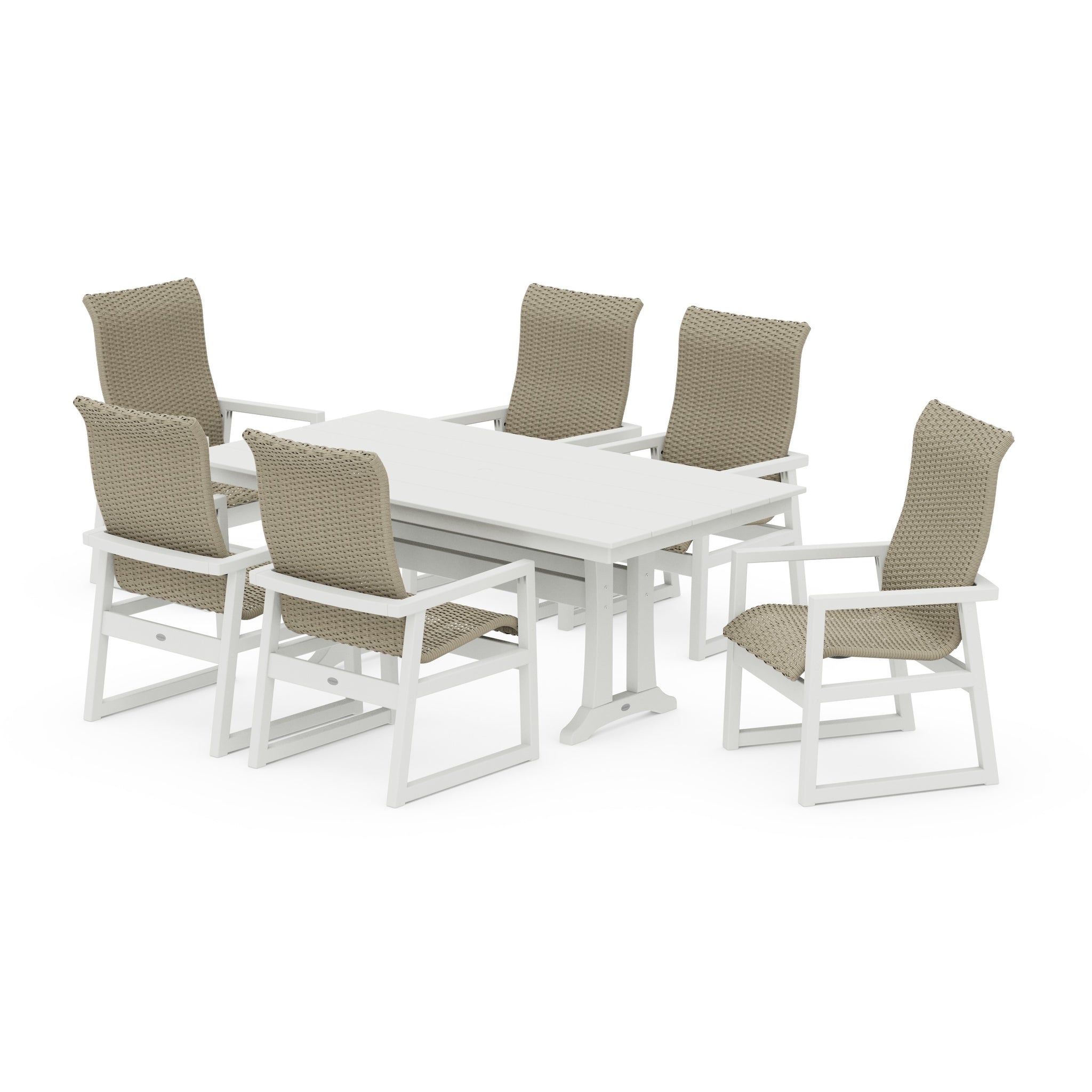 EDGE Woven Highback Arm Chair 7-Piece Farmhouse Dining Set with Trestle Legs