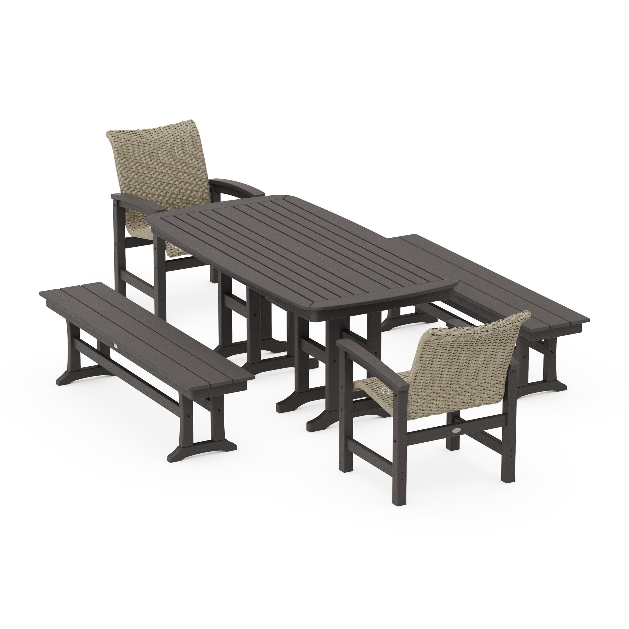 Coastal Woven 5-Piece Dining Set with Benches
