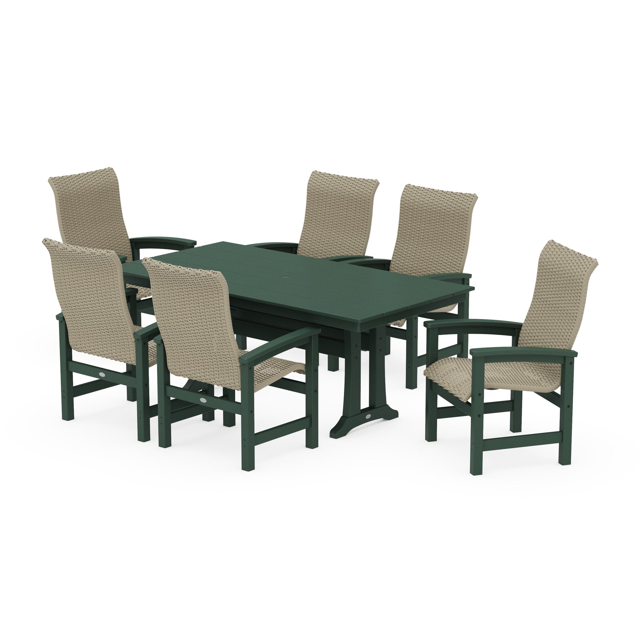 Coastal Woven High-Back Arm Chair 7-Piece Farmhouse Dining Set with Trestle Legs