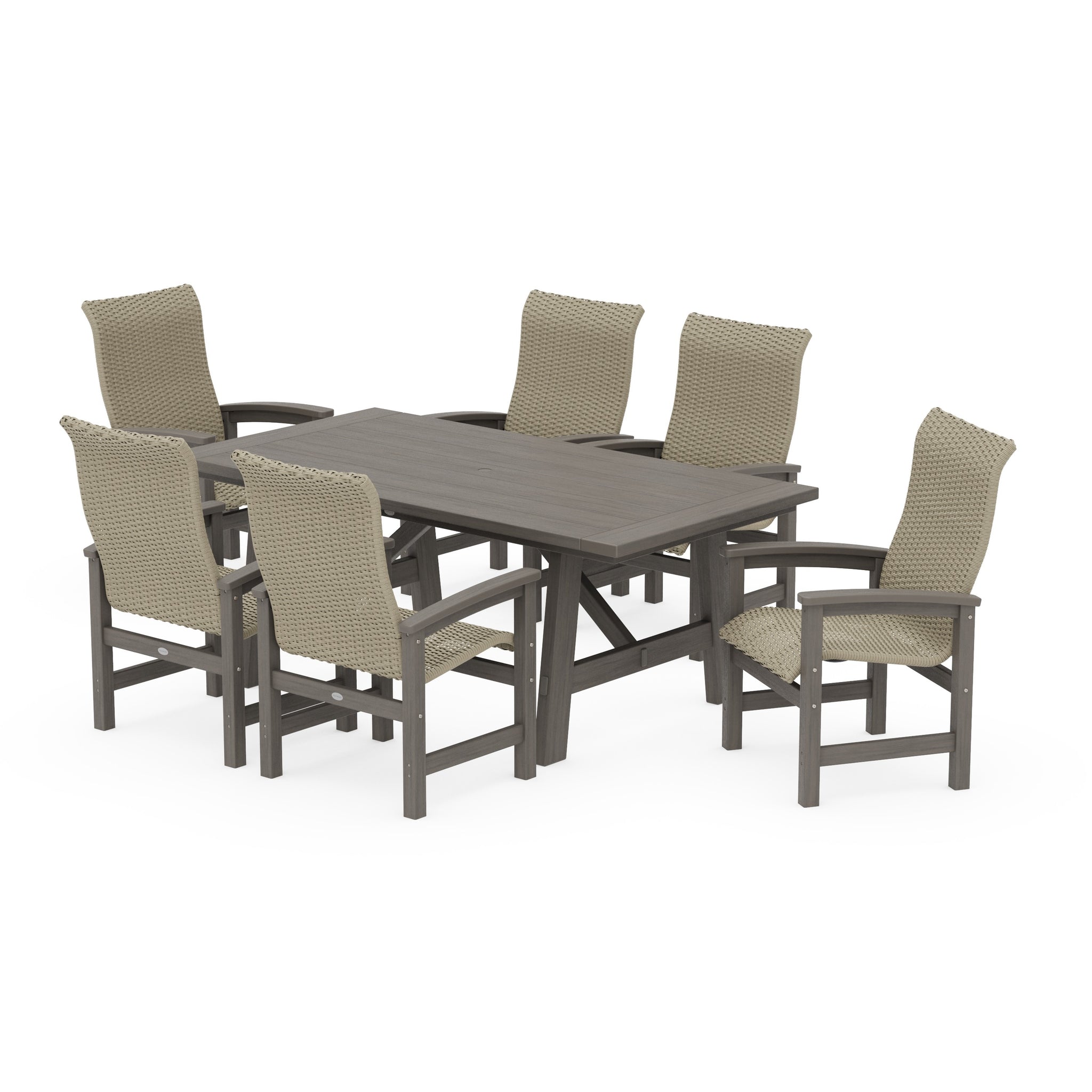 Coastal Woven High-Back Arm Chair 7-Piece Rustic Farmhouse Dining Set