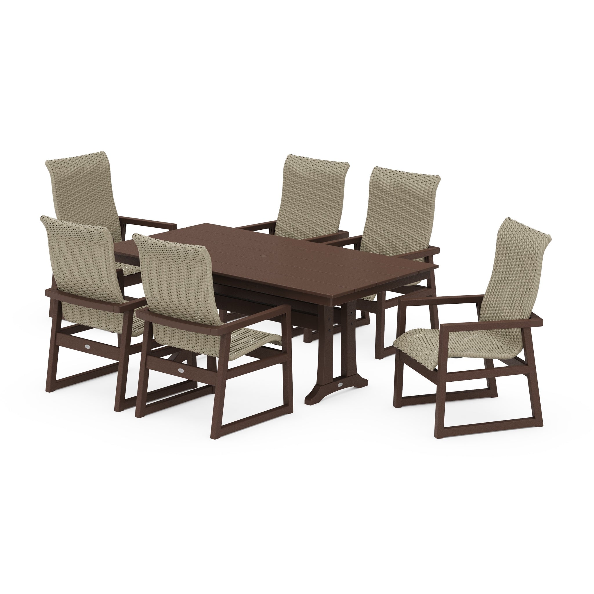 EDGE Woven Highback Arm Chair 7-Piece Farmhouse Dining Set with Trestle Legs