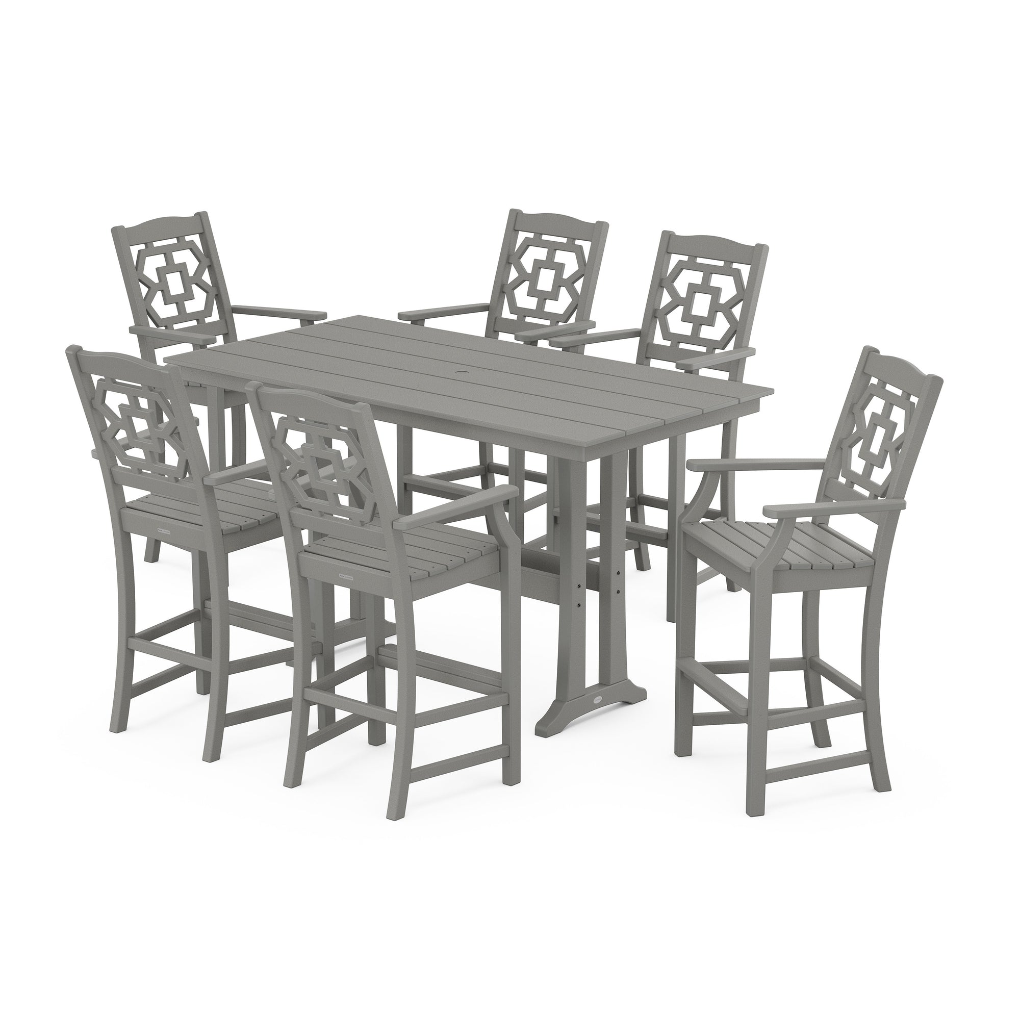 Chinoiserie Arm Chair 7-Piece Farmhouse Bar Set with Trestle Legs