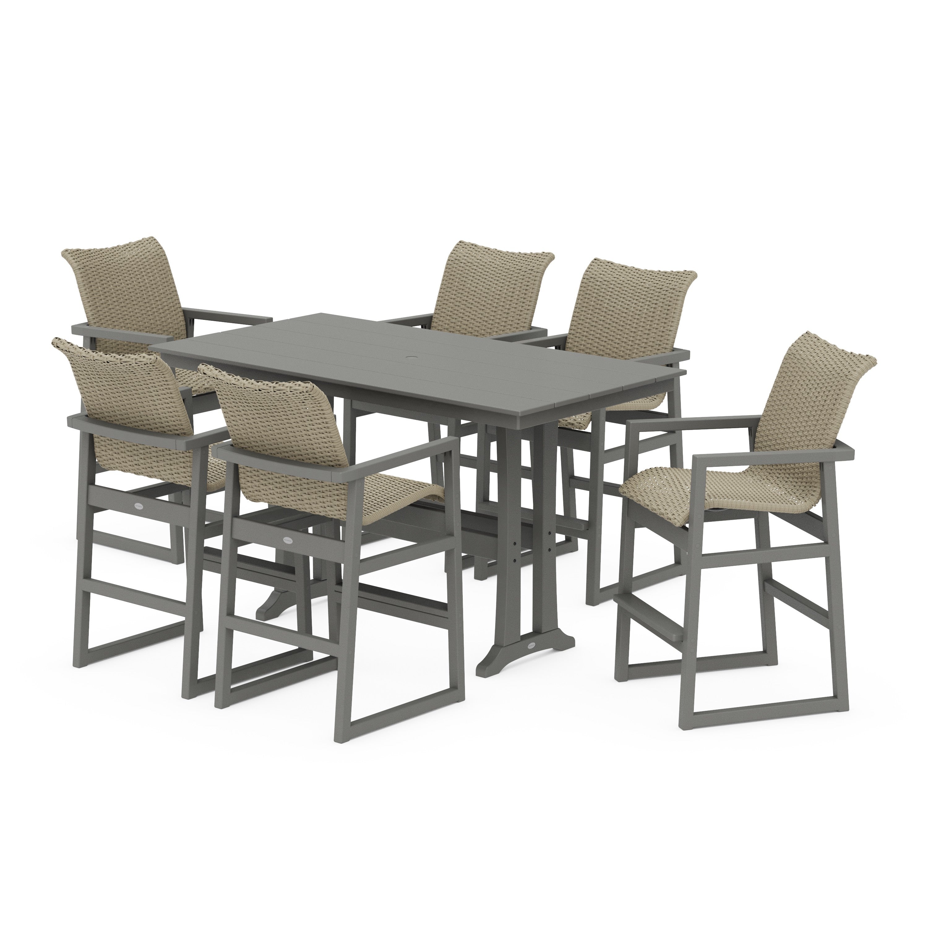 EDGE Woven Arm Chair 7-Piece Farmhouse Bar Set with Trestle Legs