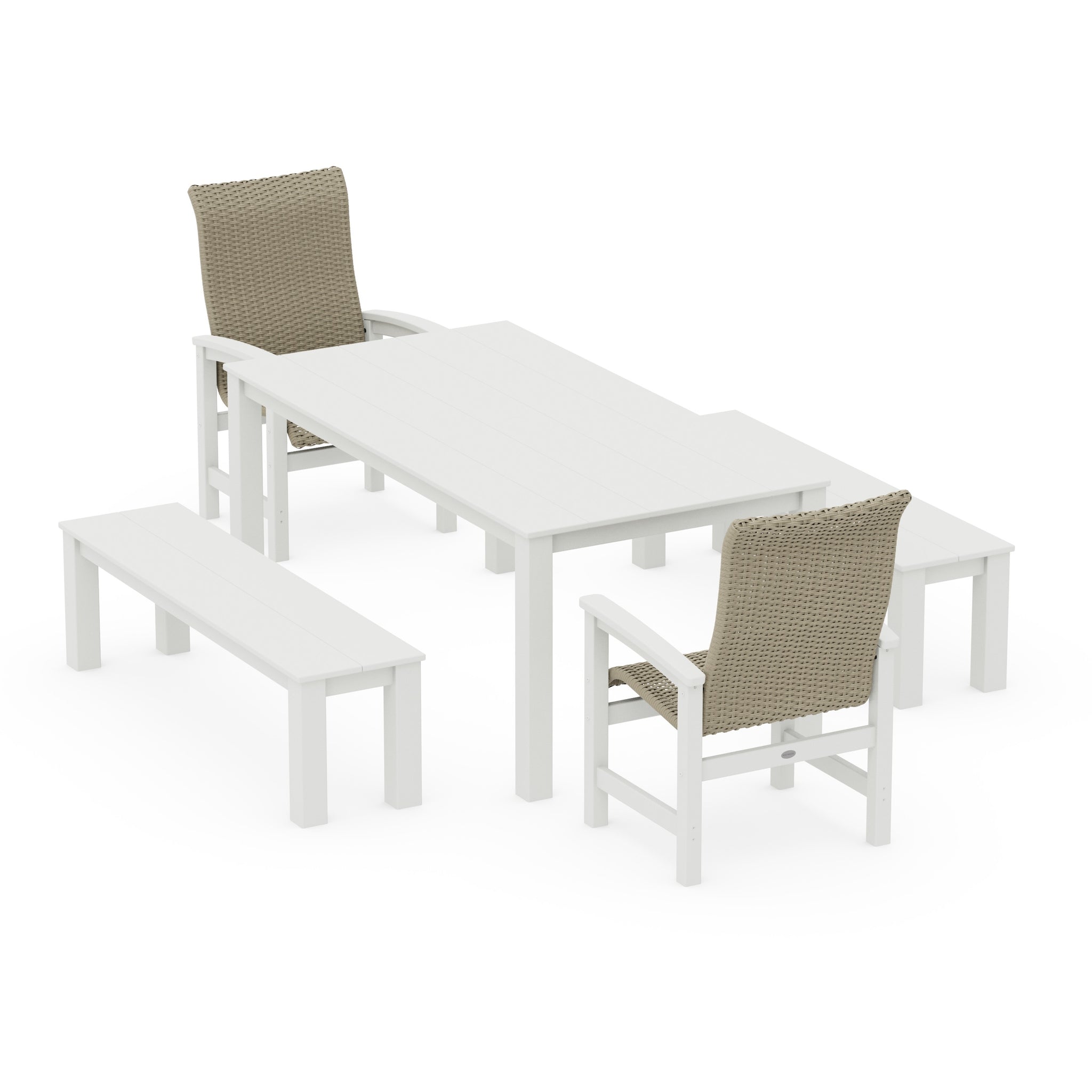 Coastal Woven High-Back 5-Piece Parsons Dining Set with Benches