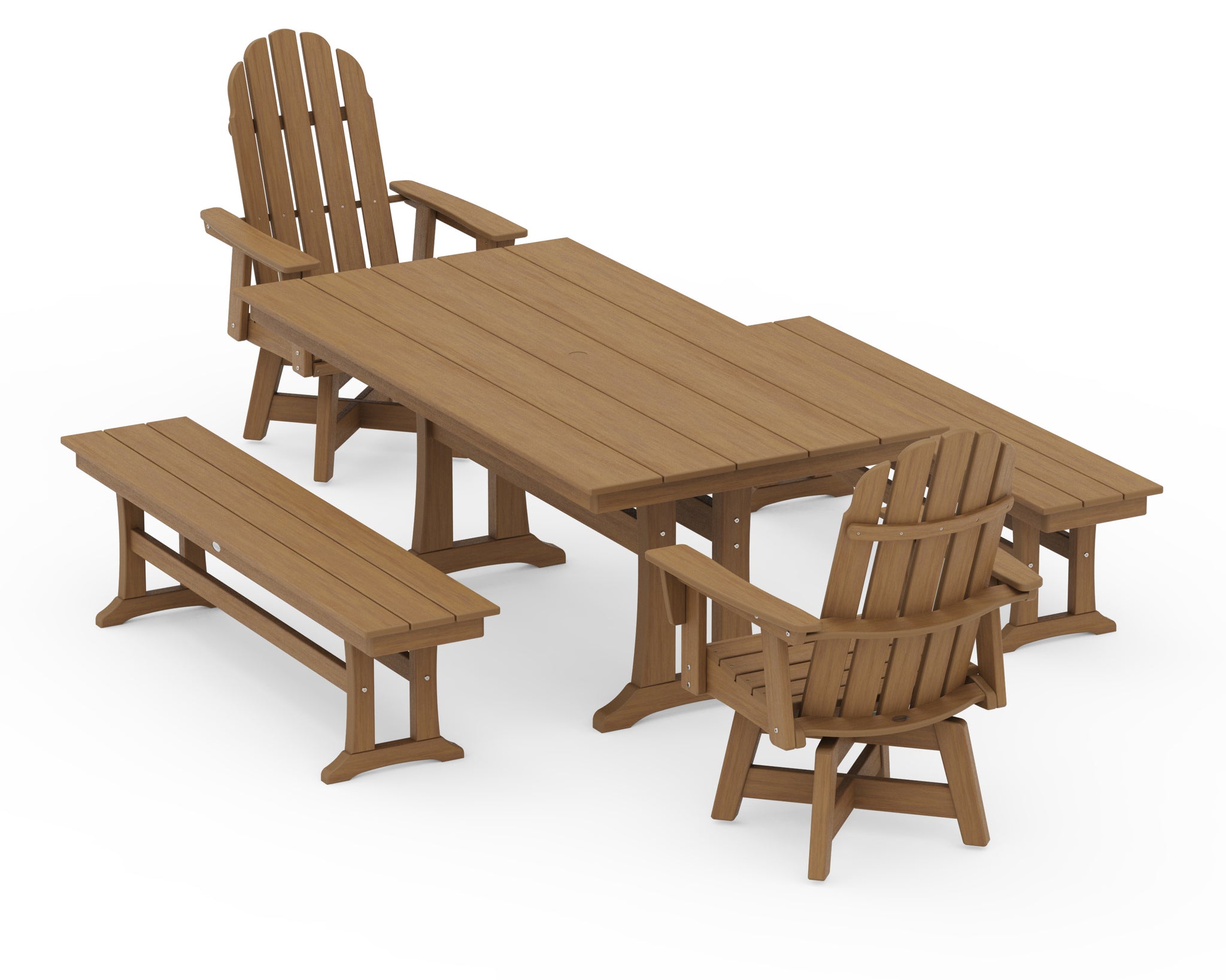 Vineyard Curveback Adirondack Swivel Chair 5-Piece Farmhouse Dining Set With Trestle Legs and Benches