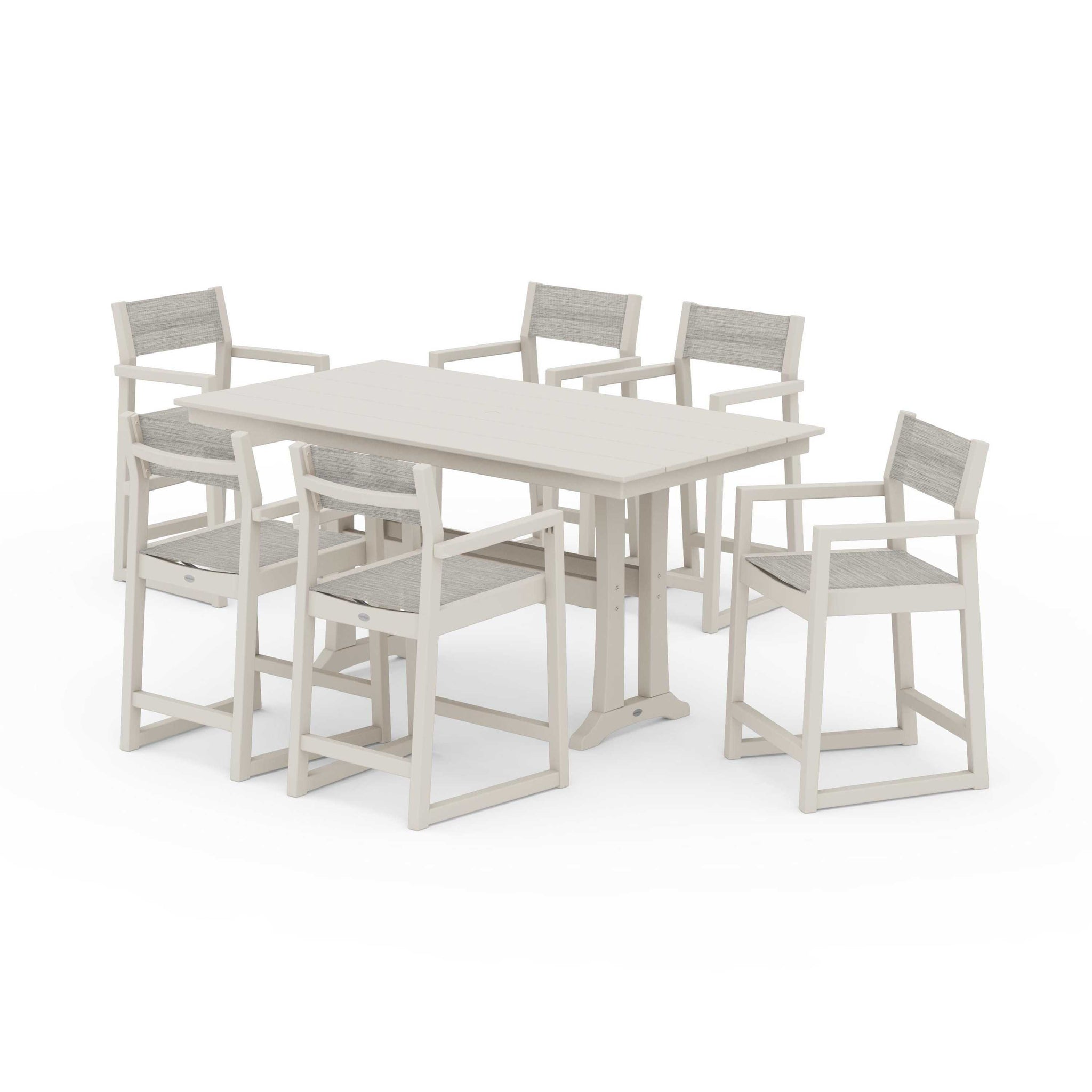EDGE Sling Arm Chair 7-Piece Farmhouse Counter Set with Trestle Legs