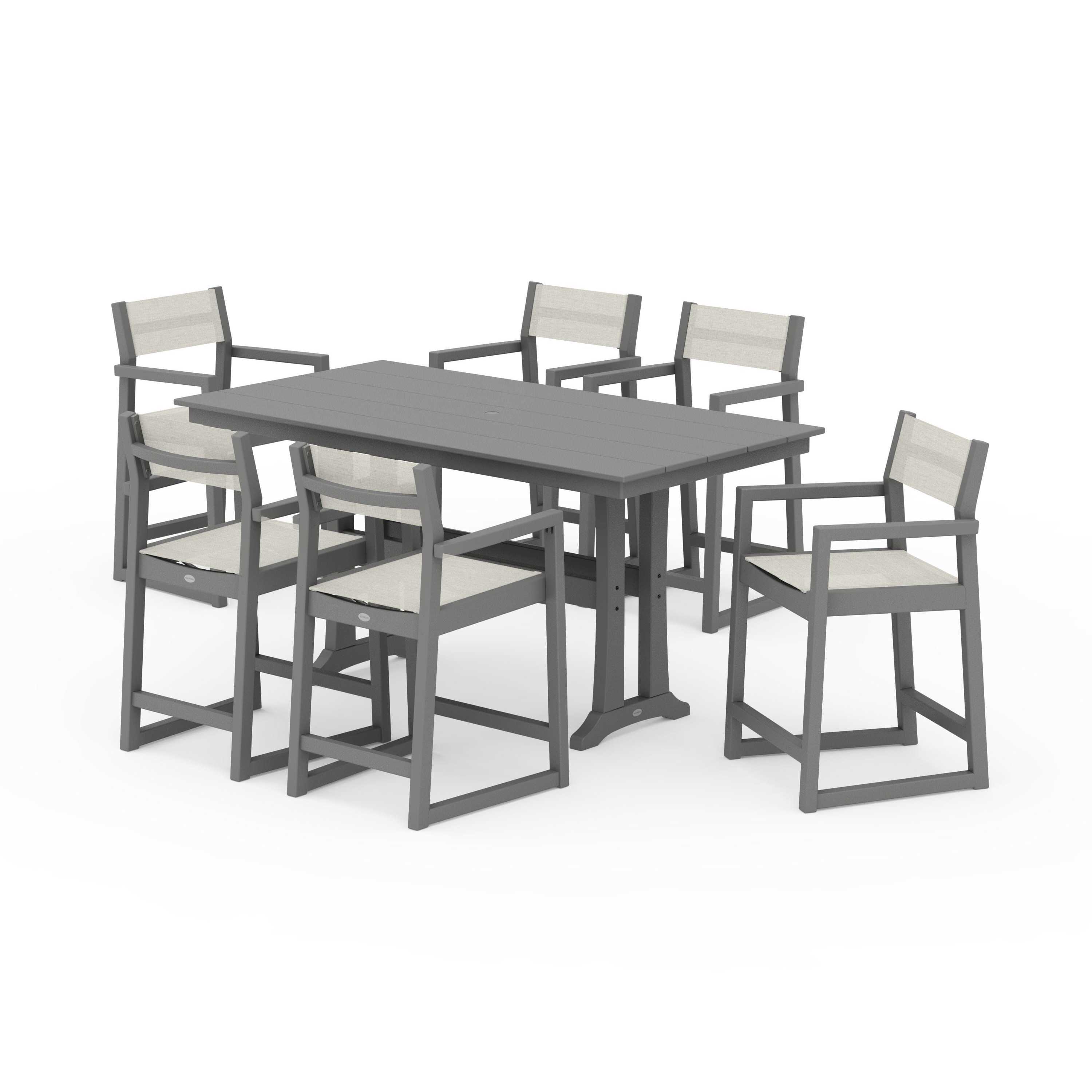 EDGE Sling Arm Chair 7-Piece Farmhouse Counter Set with Trestle Legs