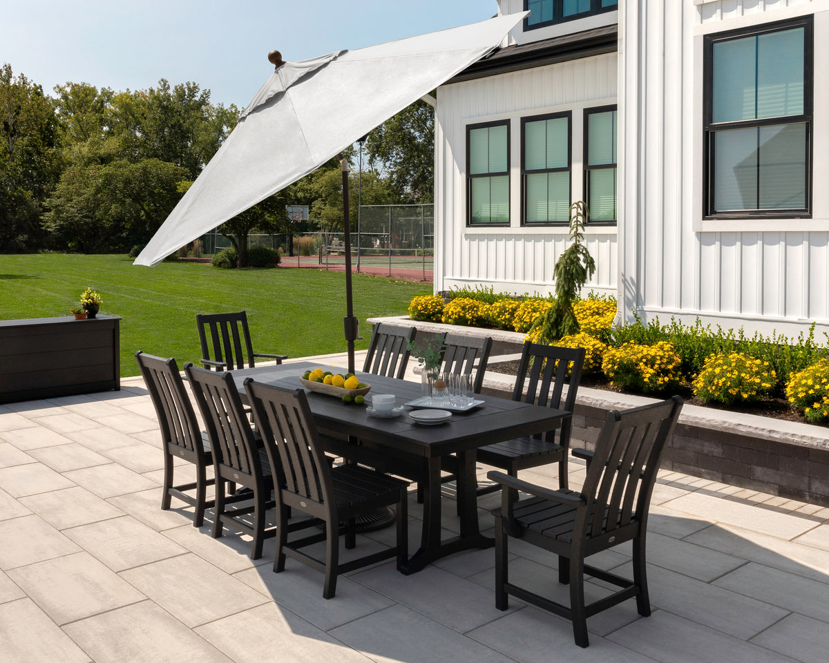 9 piece resin wicker patio dining set with umbrella POLYWOOD Vineyard 9-Piece Farmhouse Dining Set with Trestle Legs in Green