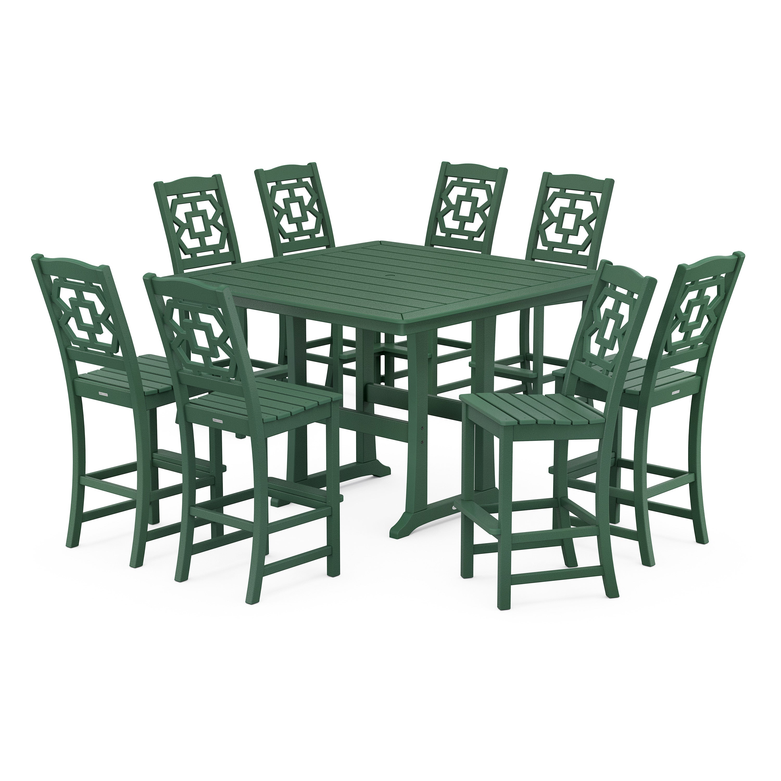 Chinoiserie 9-Piece Square Side Chair Bar Set with Trestle Legs
