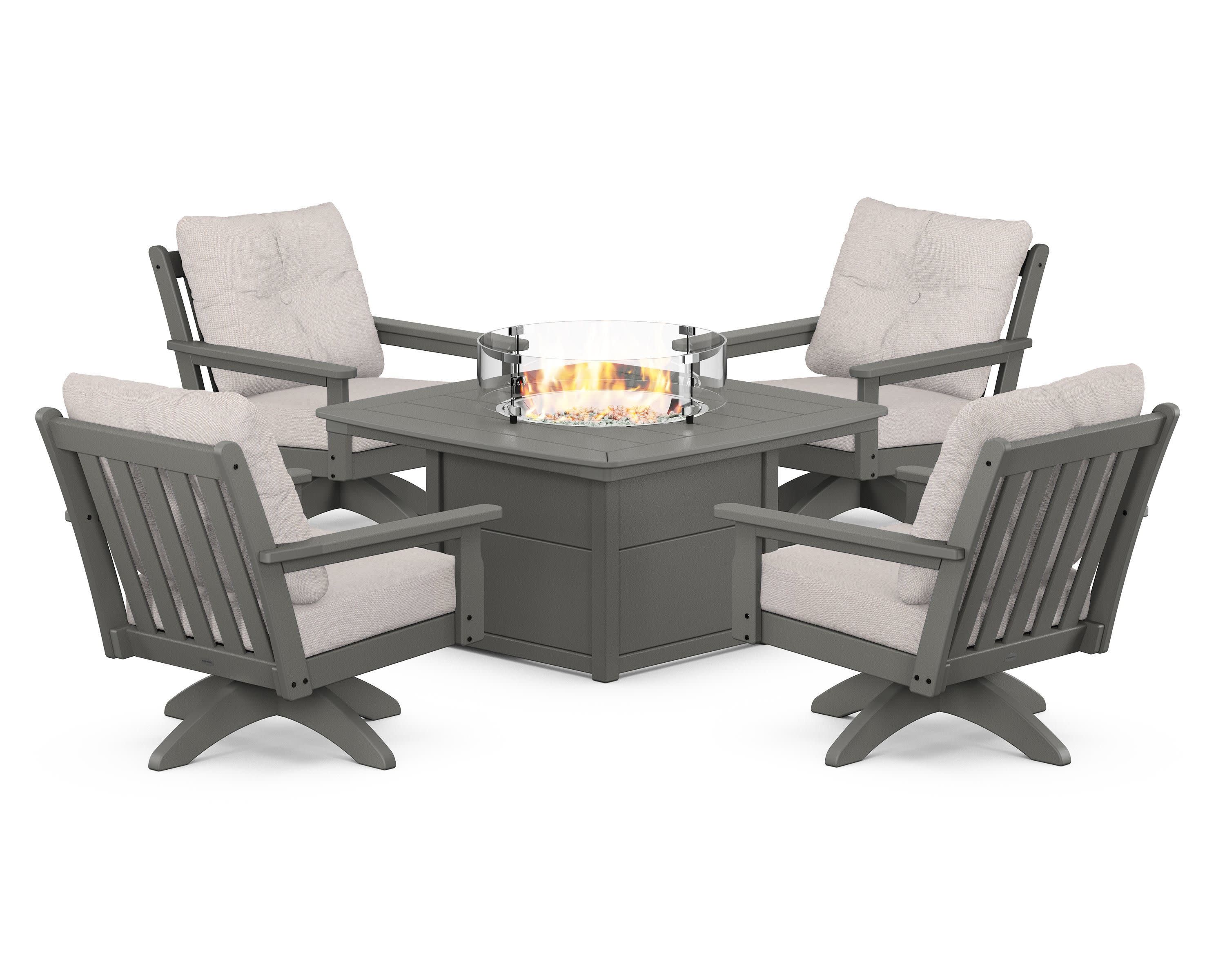 Vineyard 5-Piece Deep Seating Swivel Conversation Set with Fire Pit Table