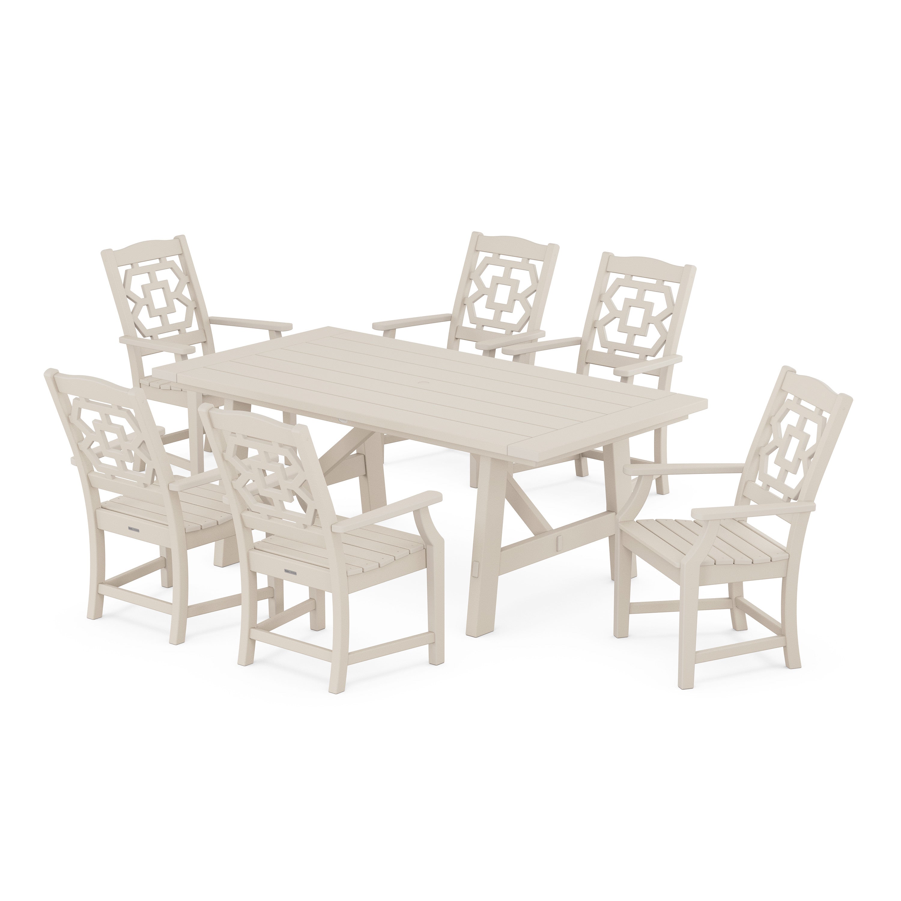 Chinoiserie Arm Chair 7-Piece Rustic Farmhouse Dining Set