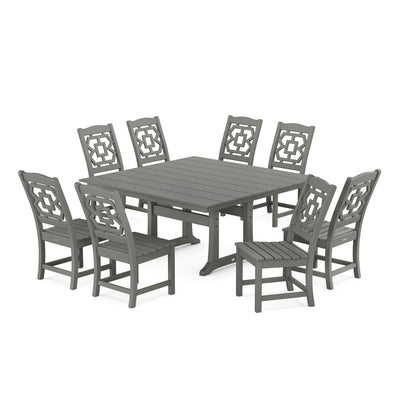 Chinoiserie 9-Piece Square Farmhouse Side Chair Dining Set with Trestle Legs