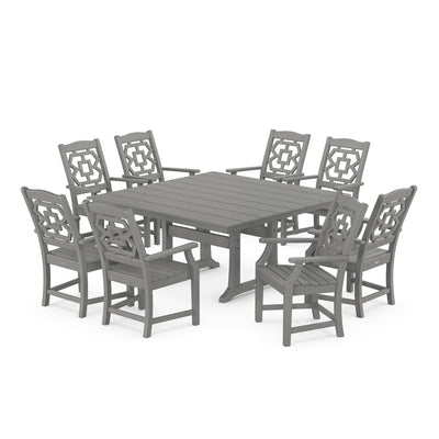 Chinoiserie 9-Piece Square Farmhouse Dining Set with Trestle Legs