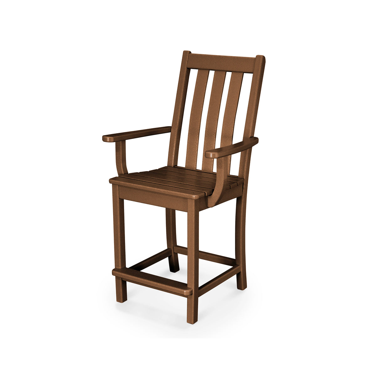 Brown wooden counter arm chair viewed from the side.