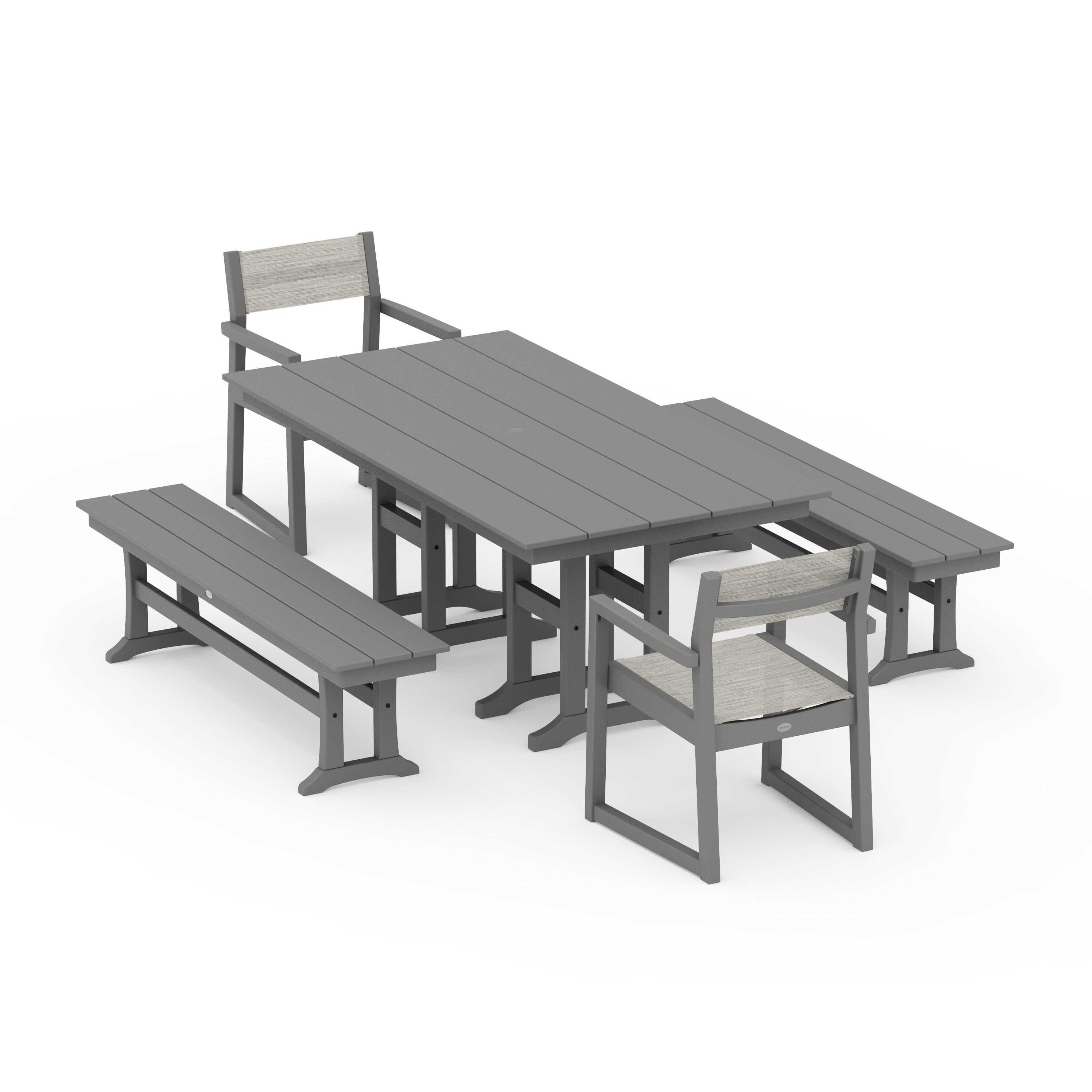 EDGE Sling Arm Chair 5-Piece Farmhouse Dining Set with Benches