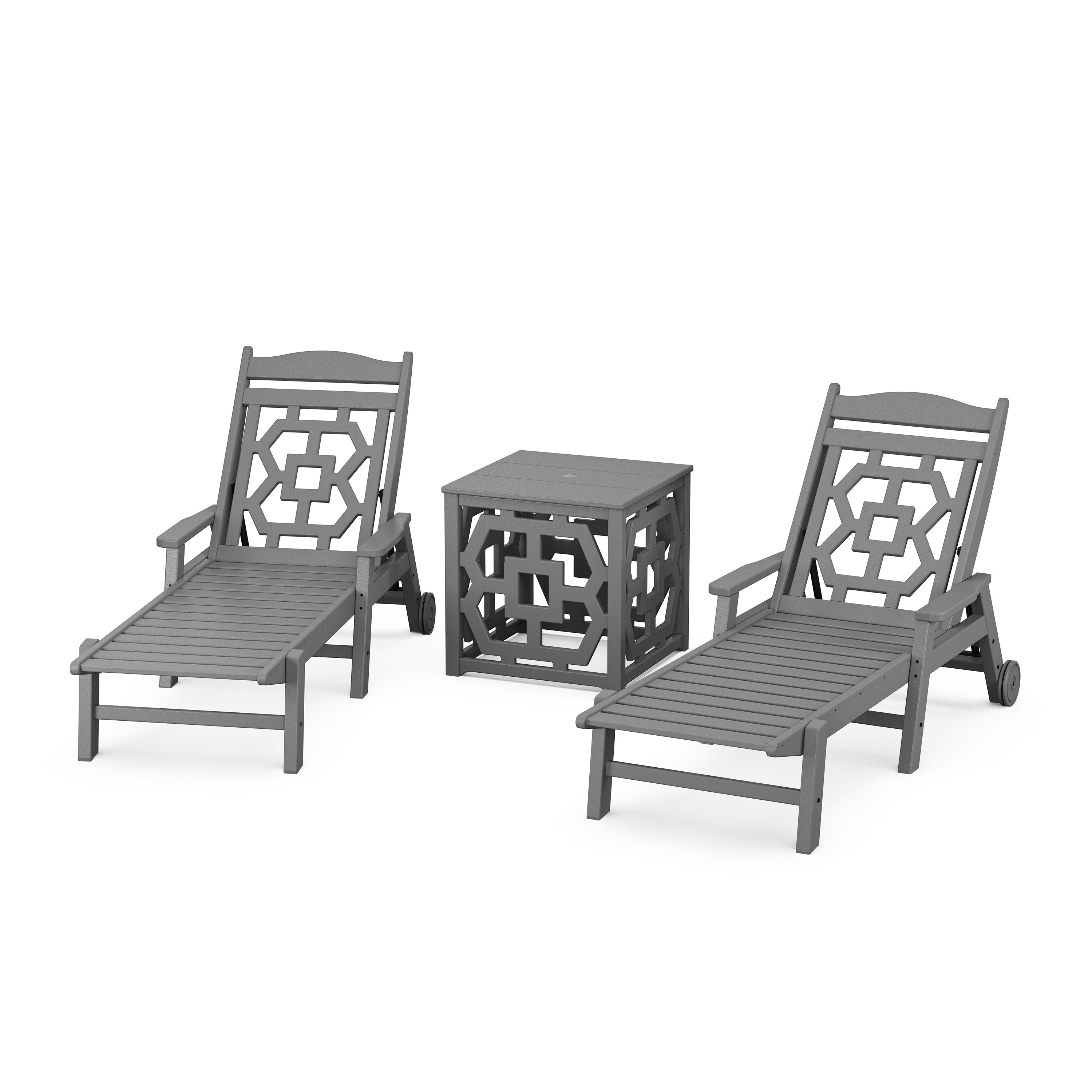 Chinoiserie 3-Piece Chaise Set with Umbrella Stand Accent Table