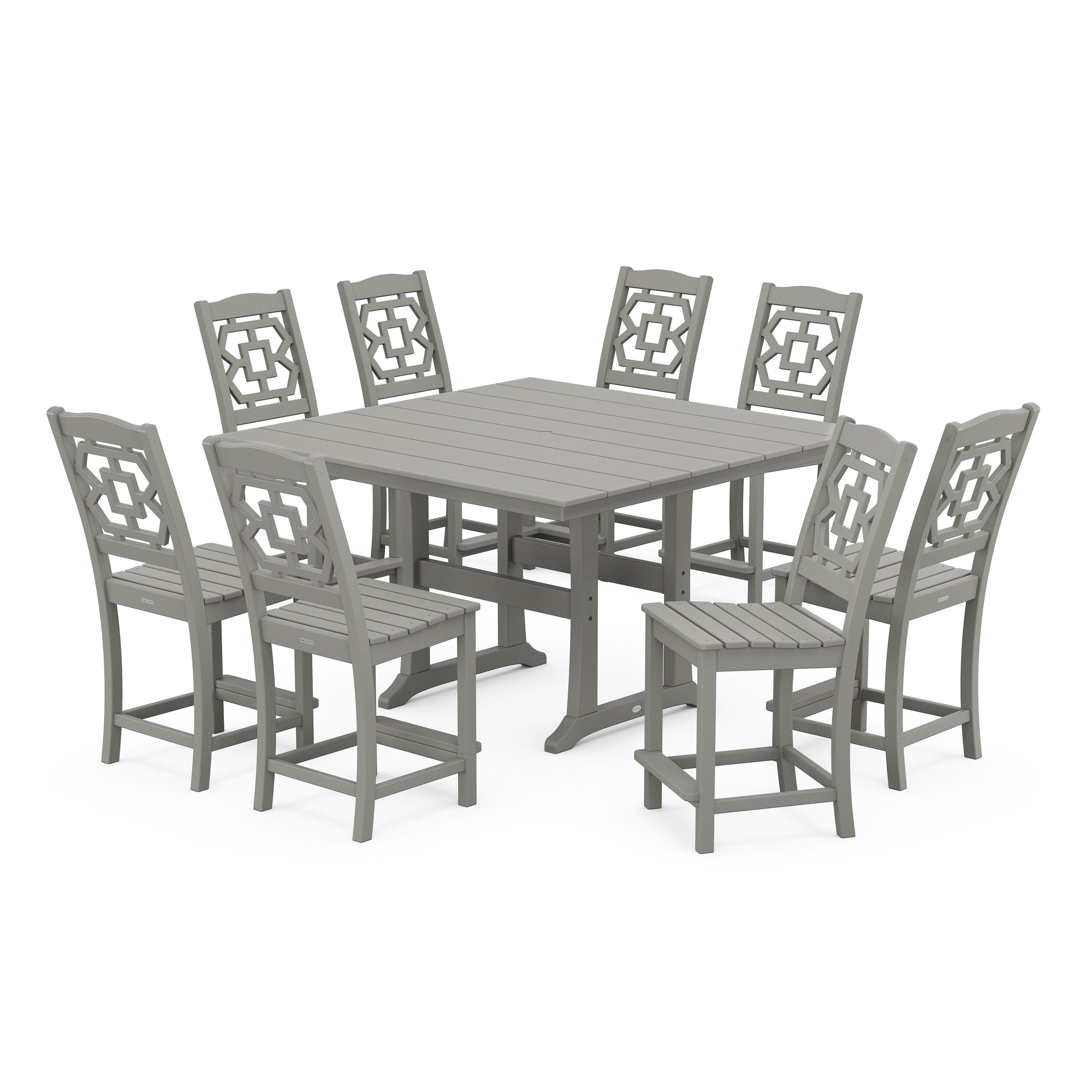Chinoiserie 9-Piece Square Farmhouse Side Chair Counter Set with Trestle Legs