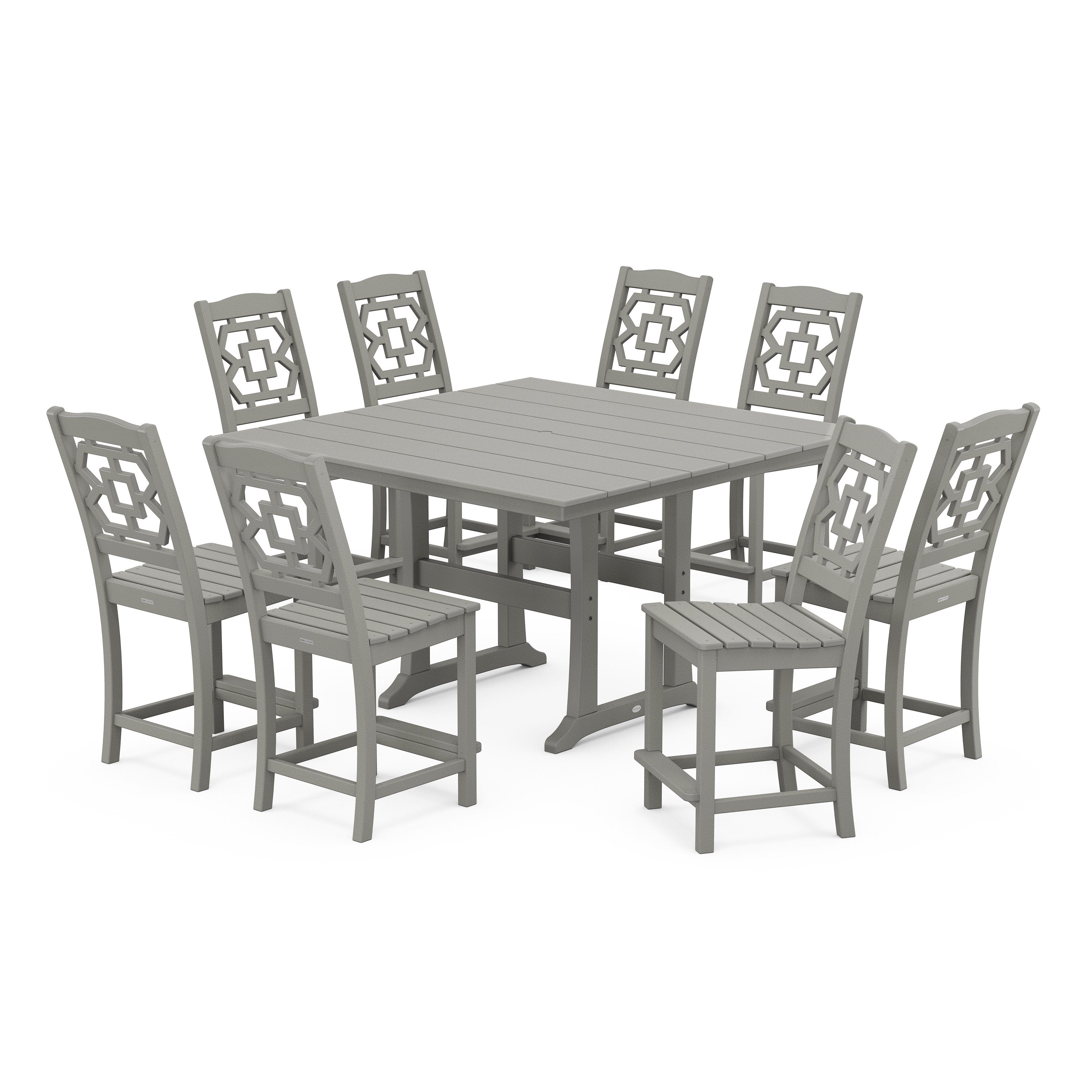 Chinoiserie 9-Piece Square Farmhouse Side Chair Counter Set with Trestle Legs