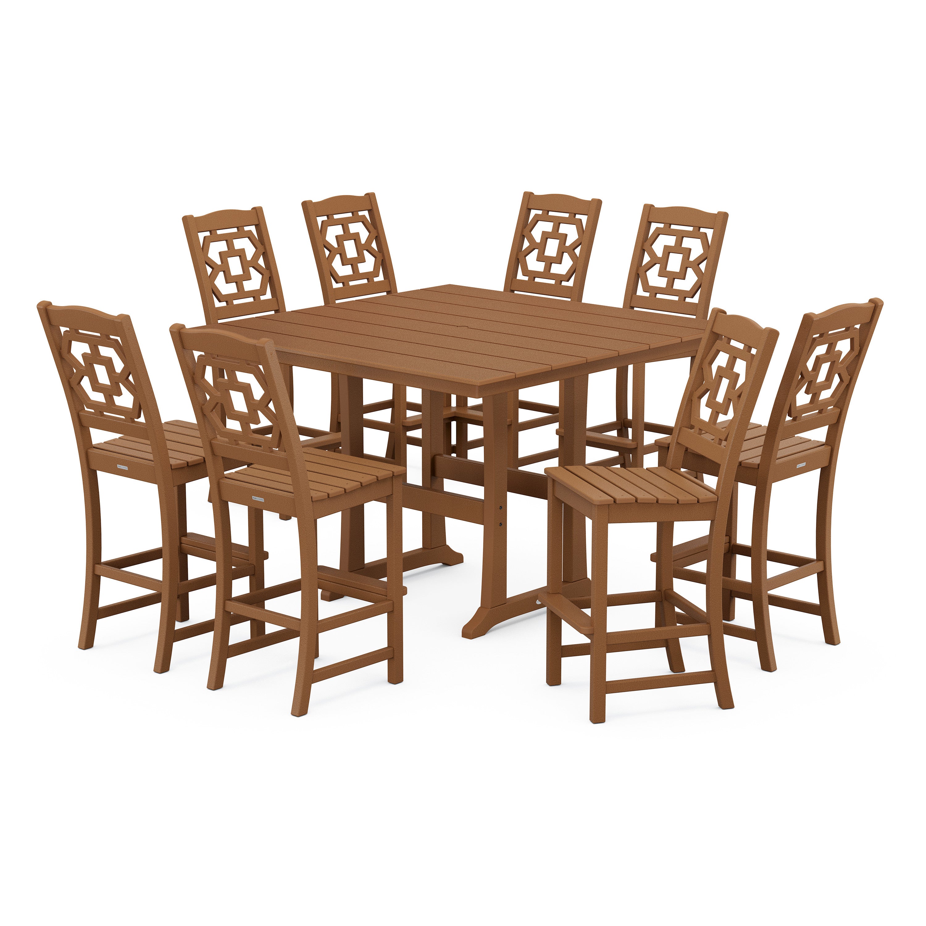 Chinoiserie 9-Piece Square Farmhouse Side Chair Bar Set with Trestle Legs