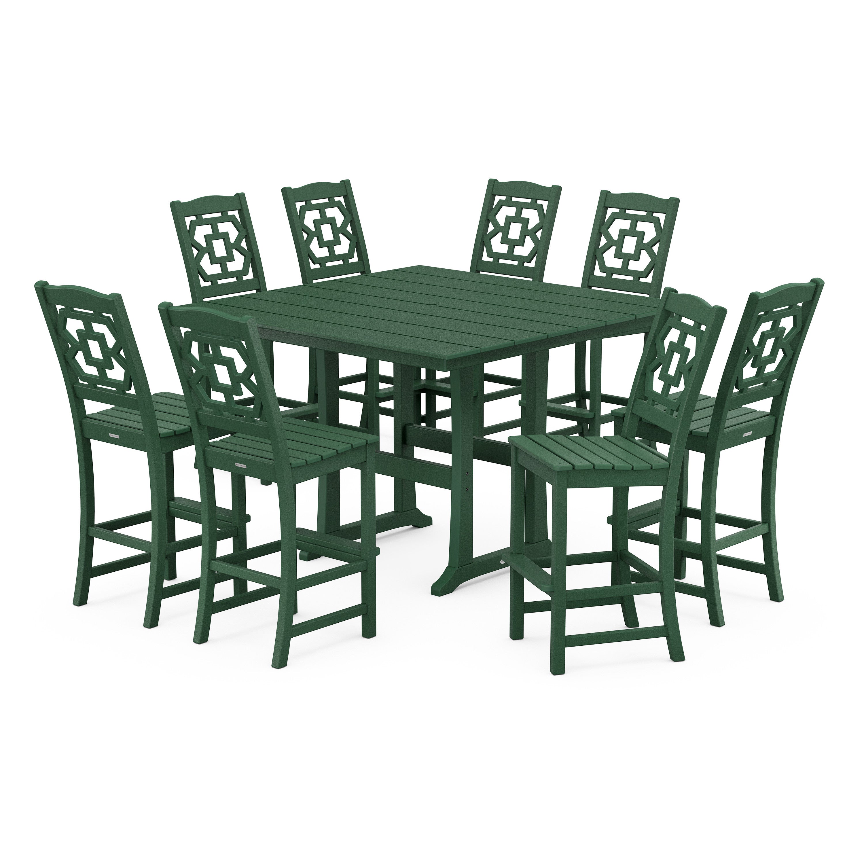 Chinoiserie 9-Piece Square Farmhouse Side Chair Bar Set with Trestle Legs