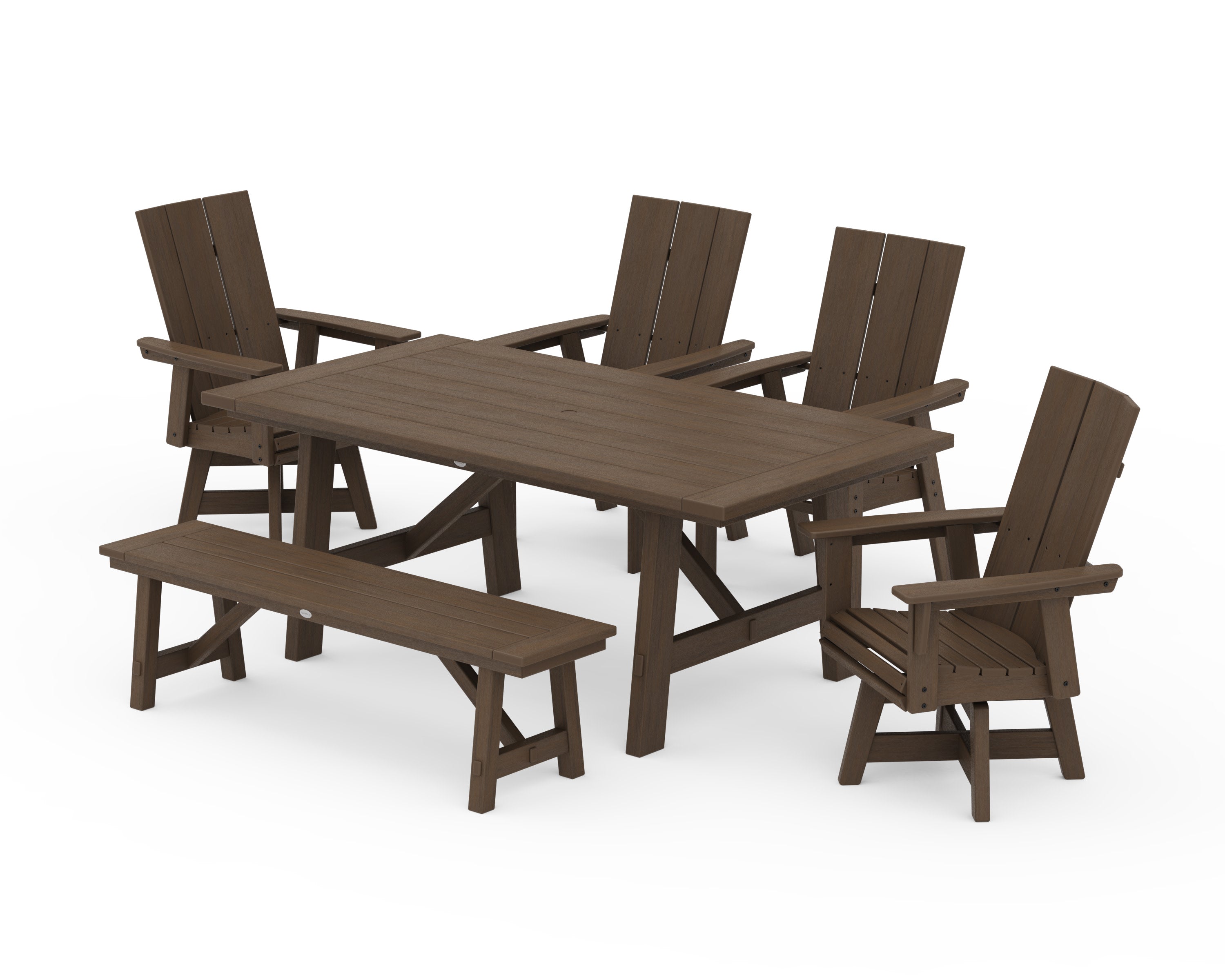 Modern Curveback Adirondack Swivel Chair 6-Piece Rustic Farmhouse Dining Set with Bench